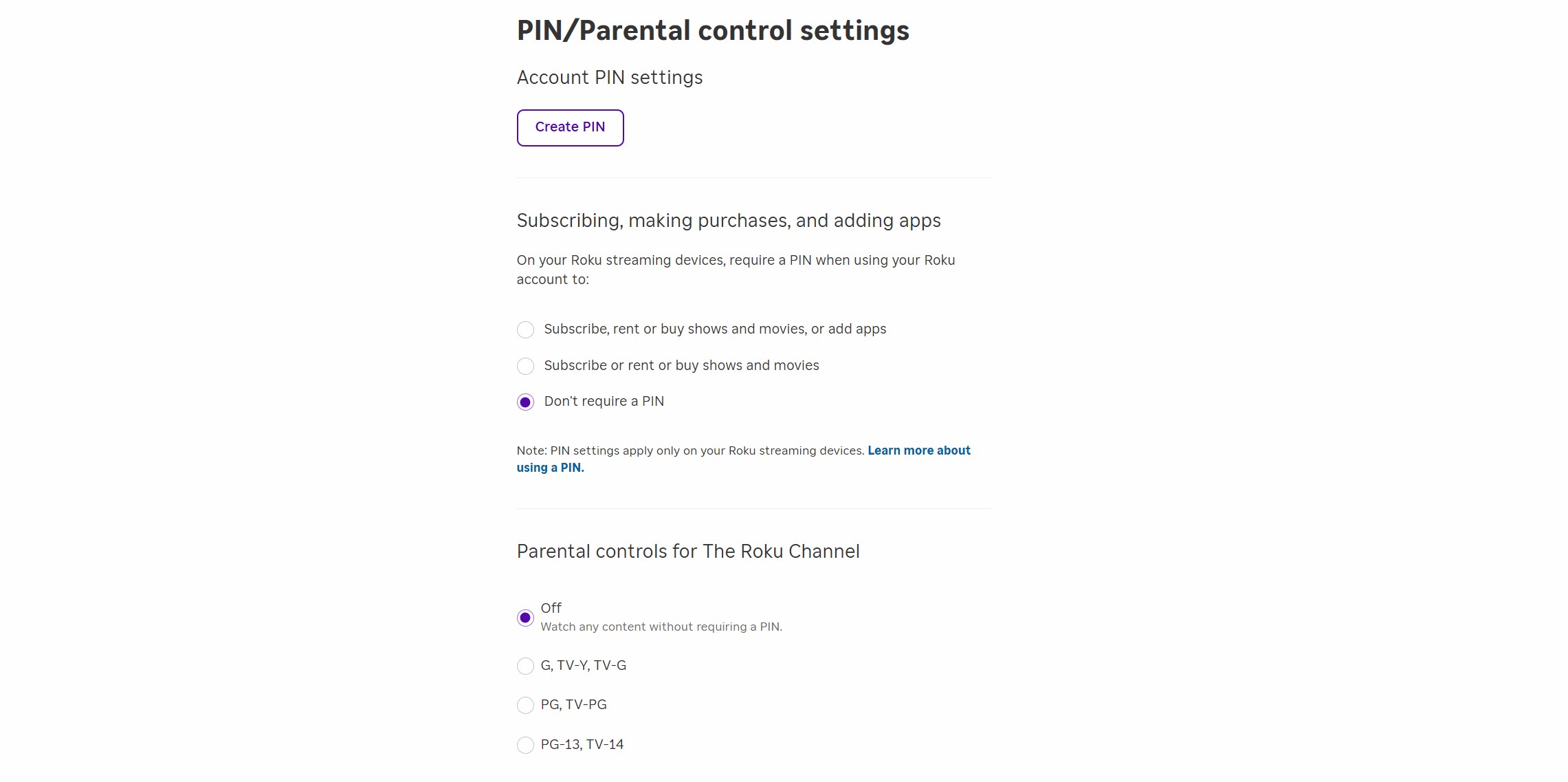 Capture d'écran de la page des contrôles parentaux Roku