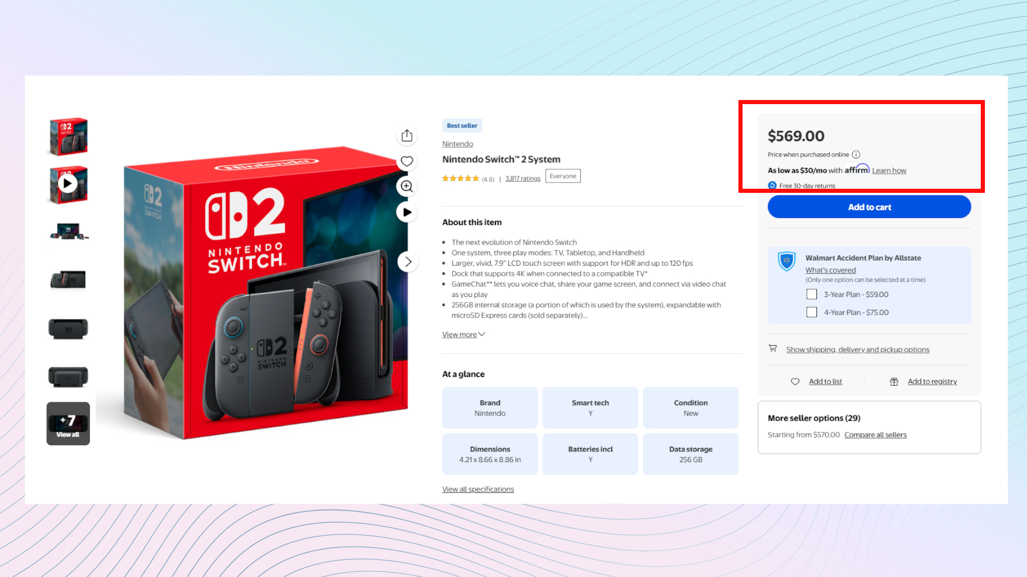 Une capture d'écran montrant un commutateur 2 en vente chez Walmart à un prix gonflé