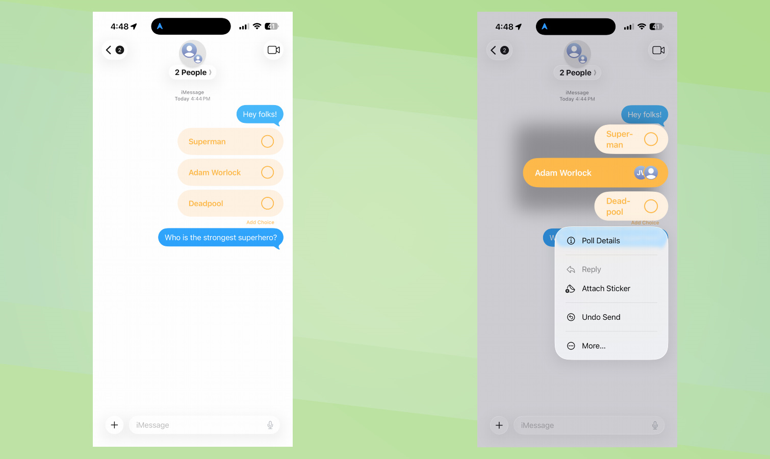 Captures d'écran d'iOS 26 Comment créer des sondages dans les messages.
