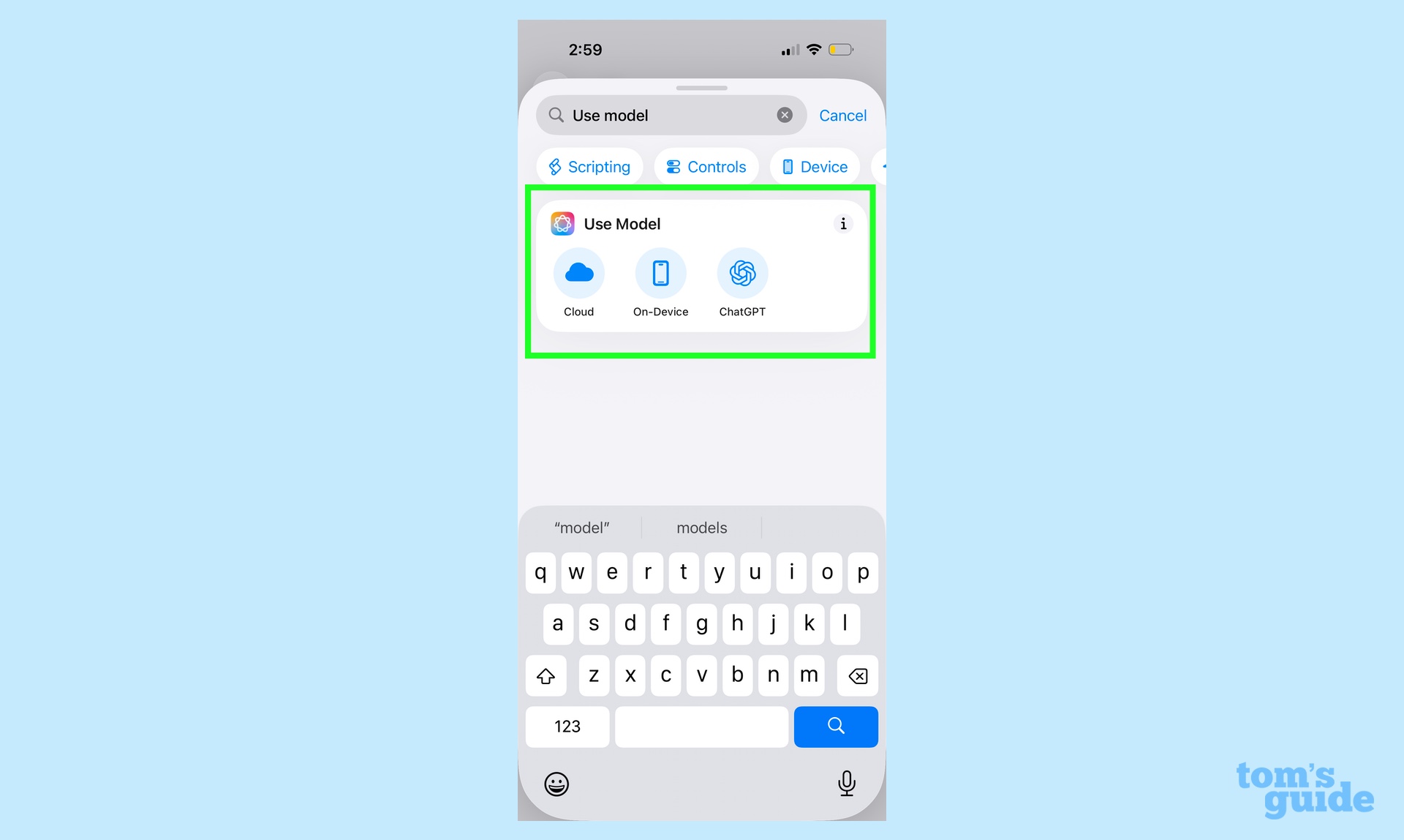 Ajout de l'action d'utilisation du modèle à un raccourci dans iOS 26