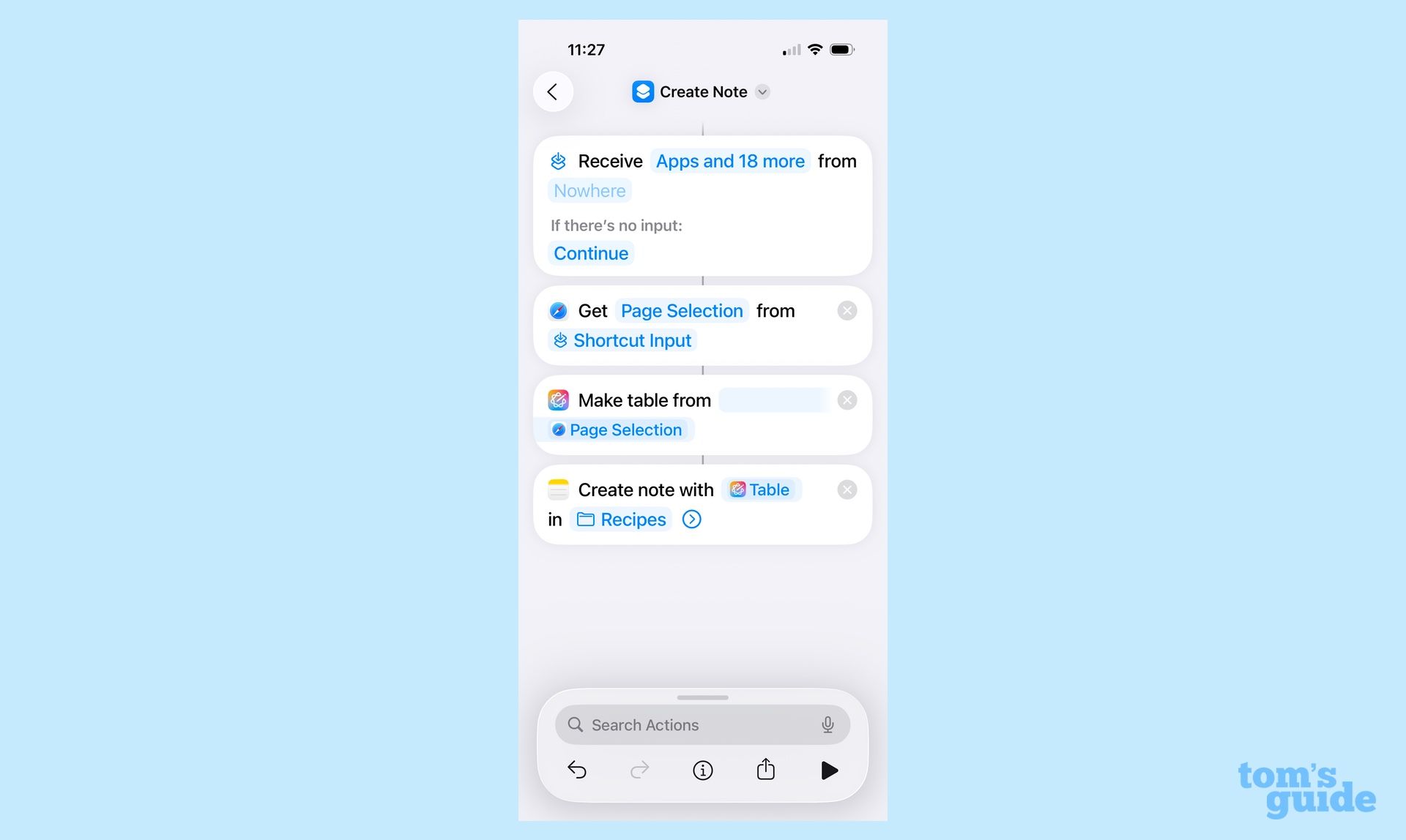 Création d'un raccourci pour insérer une table générée d'outils d'écriture dans une note