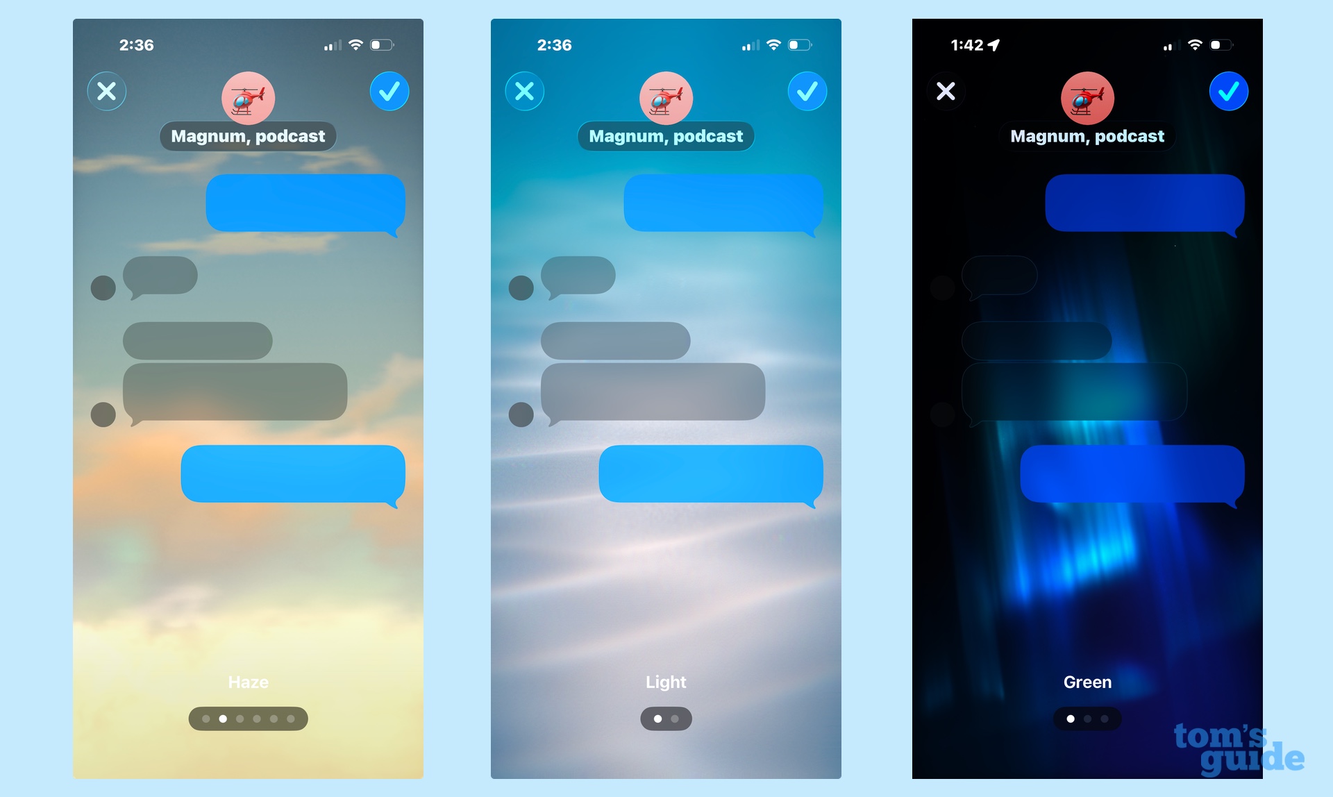 Options du ciel, de l'eau et de l'Aurora pour les arrière-plans dans iOS 26 messages