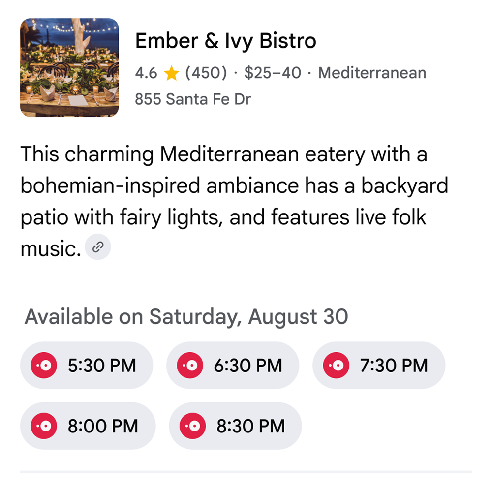 Capture d'écran des réservations de dîner