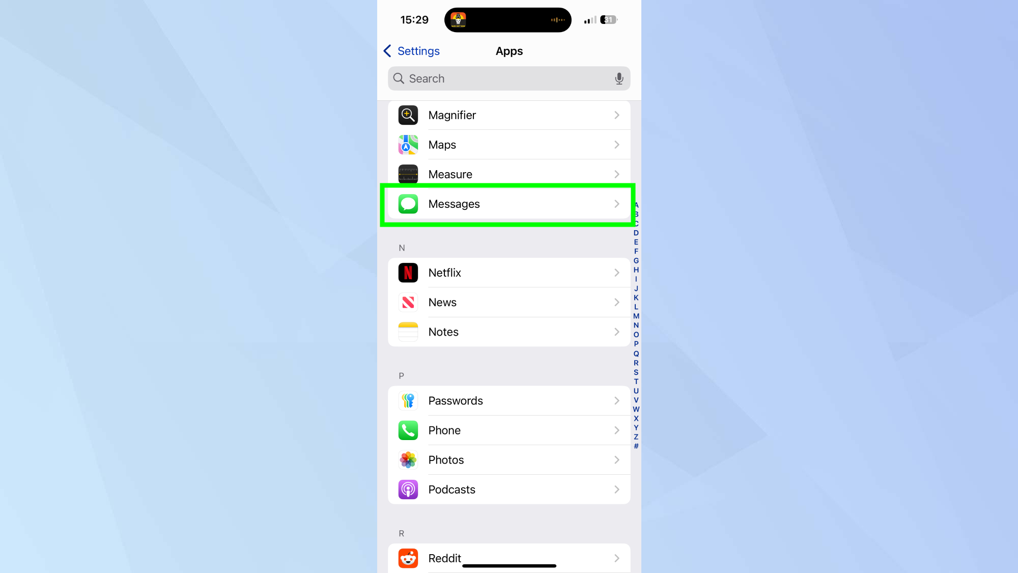 messages iPhone dans les paramètres