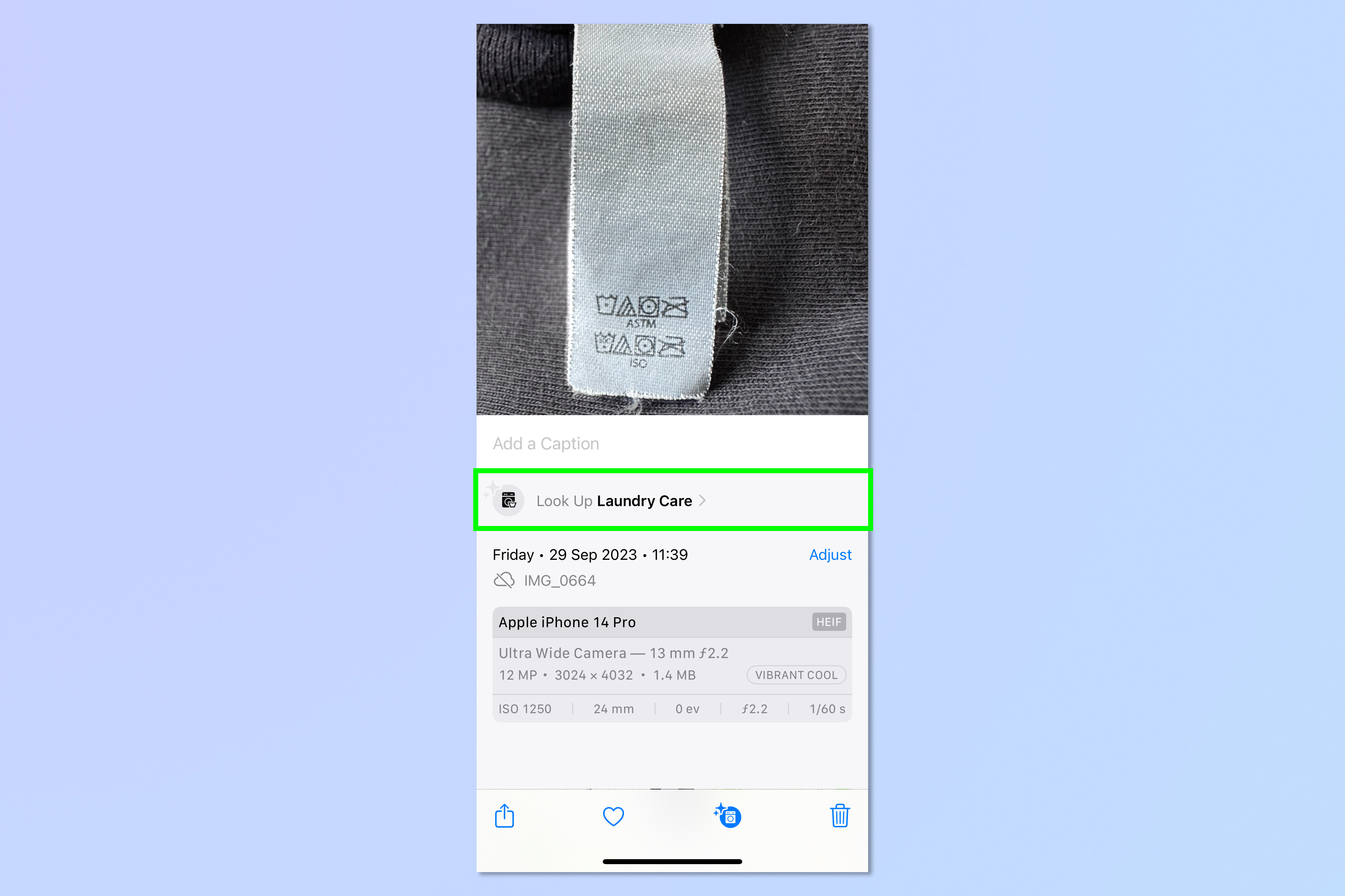 Une capture d'écran montrant comment déchiffrer les instructions de voiture à linge à l'aide de visual consulter sur iPhone