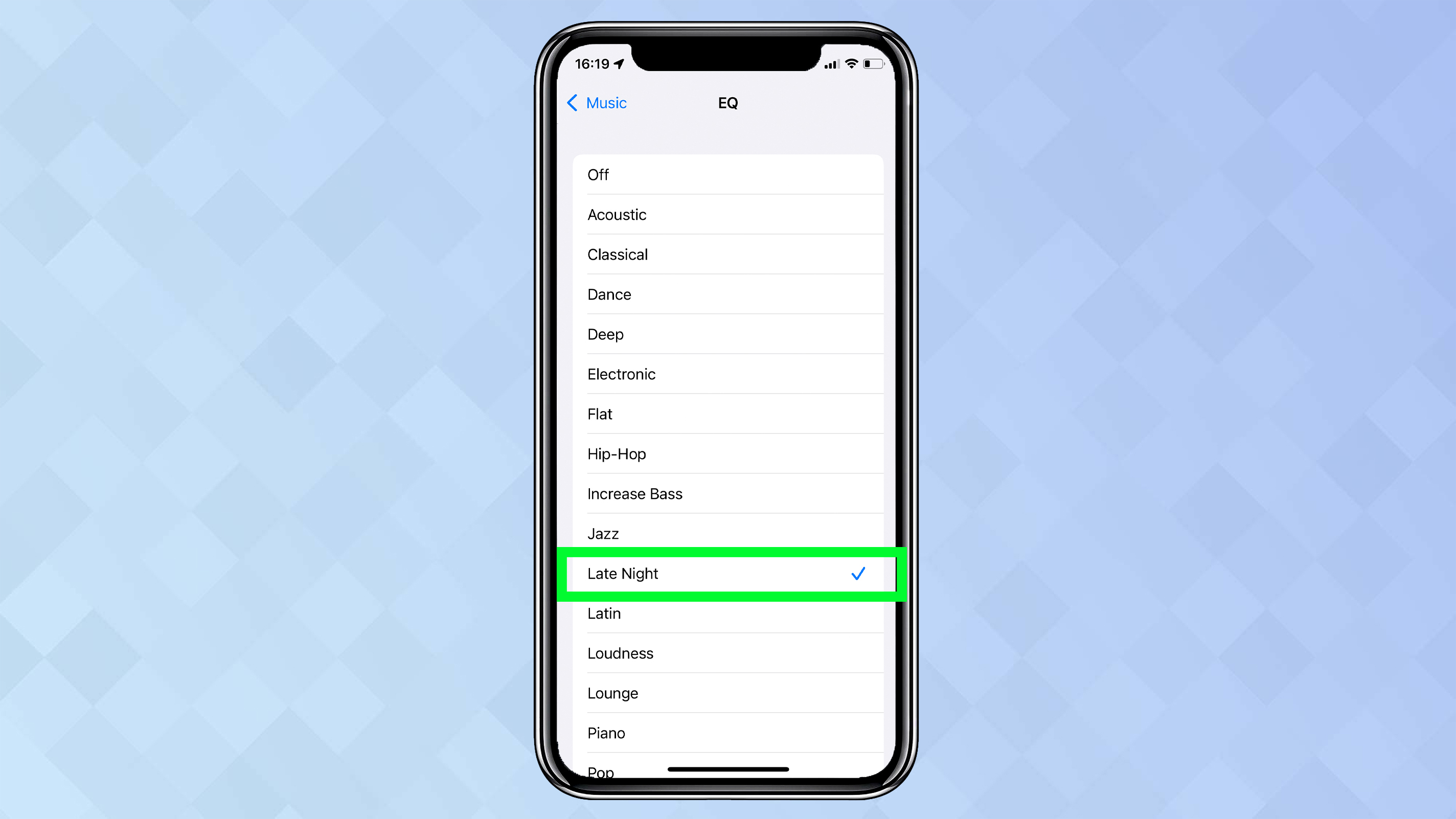 Une capture d'écran d'un iPhone montrant le menu EQ avec la fin de la nuit sélectionnée