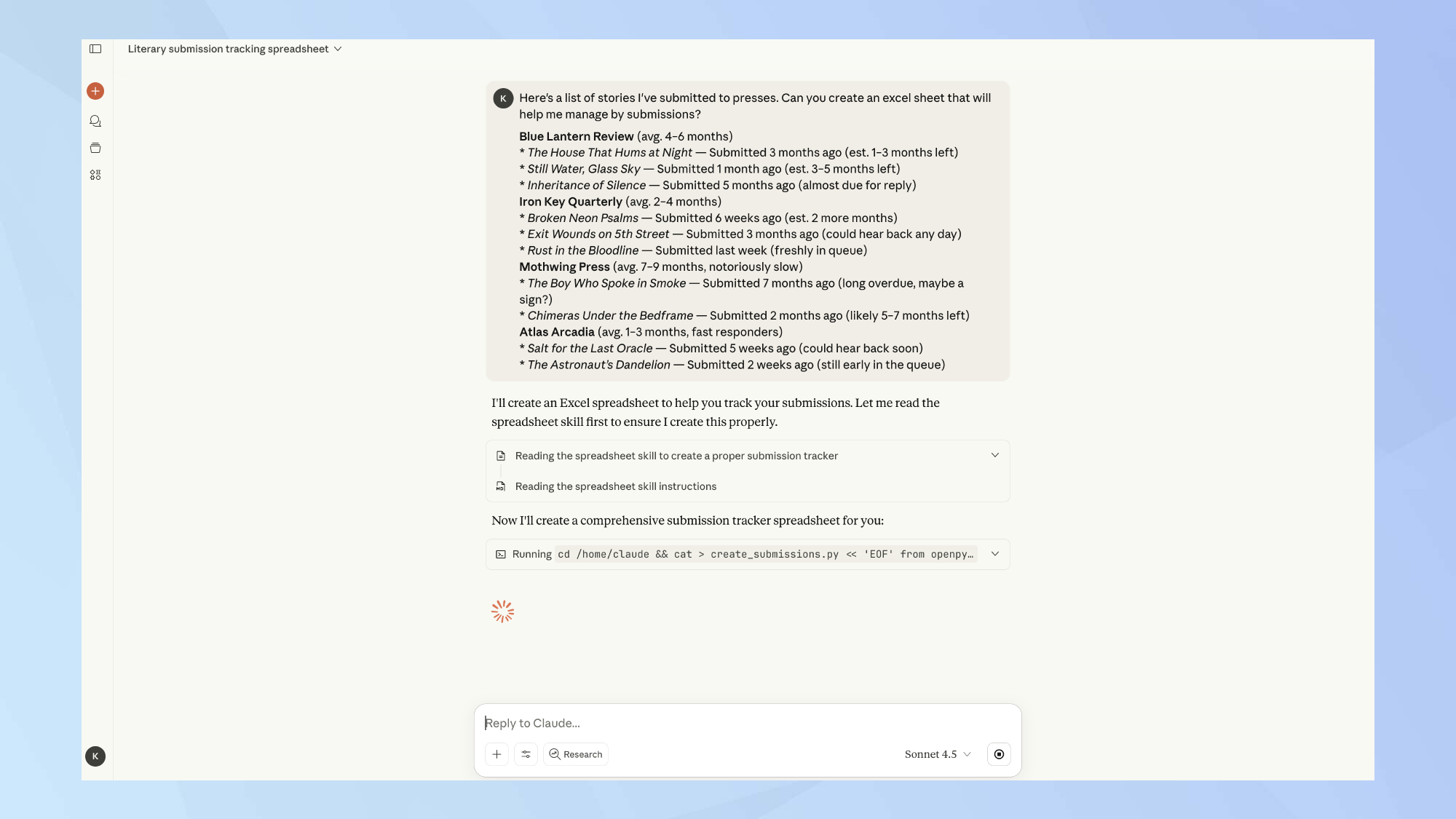 Invite de création de fichiers Claude