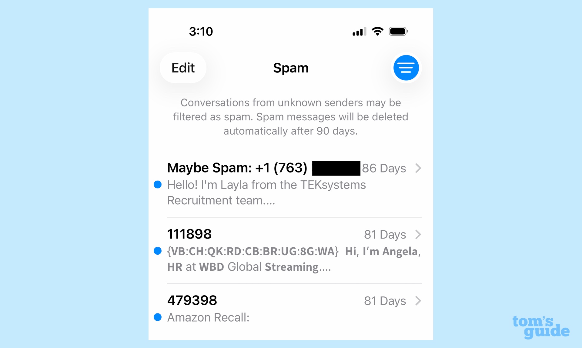 messages de spam filtrés dans Messages