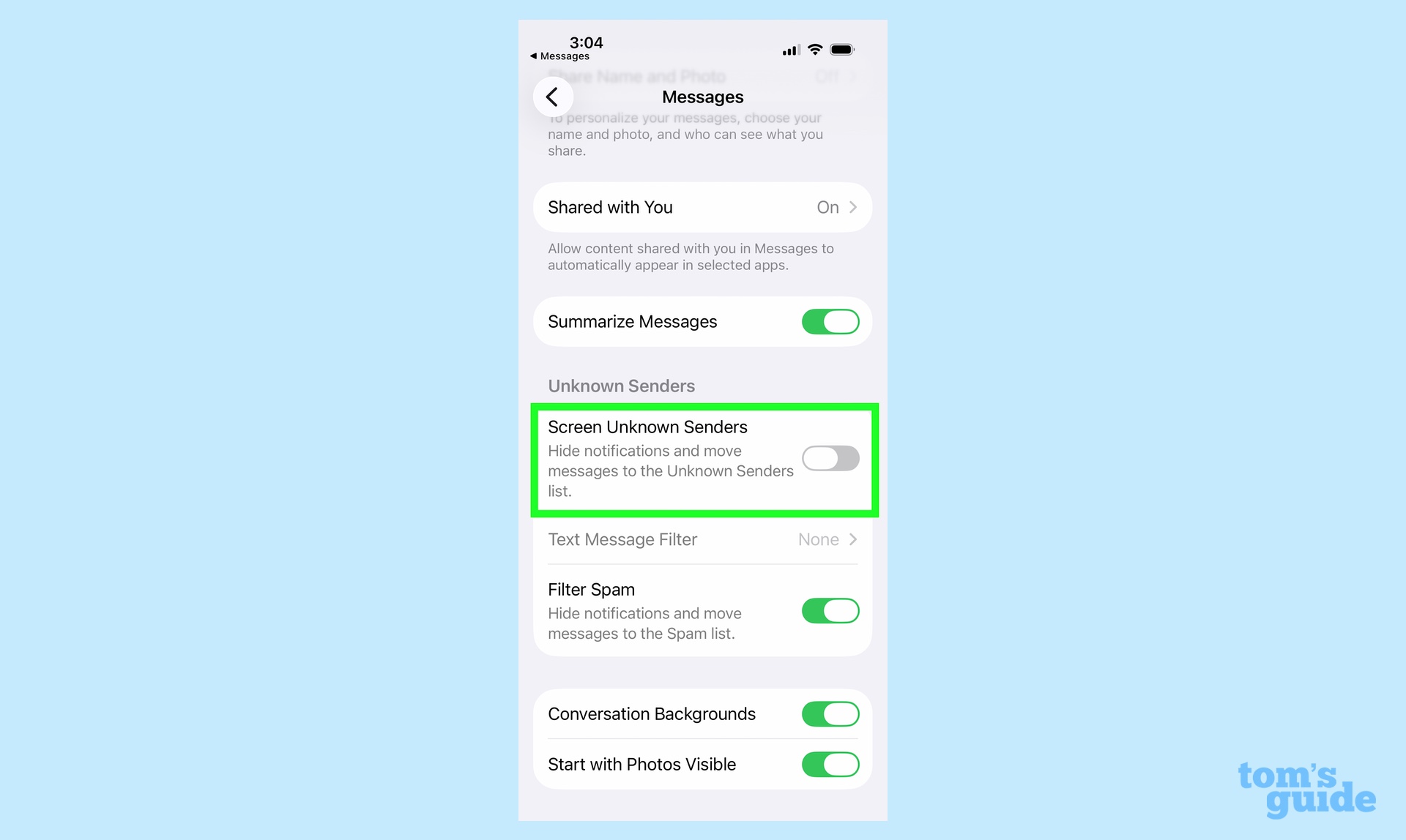 faites glisser sur l'écran le bouton Expéditeurs inconnus