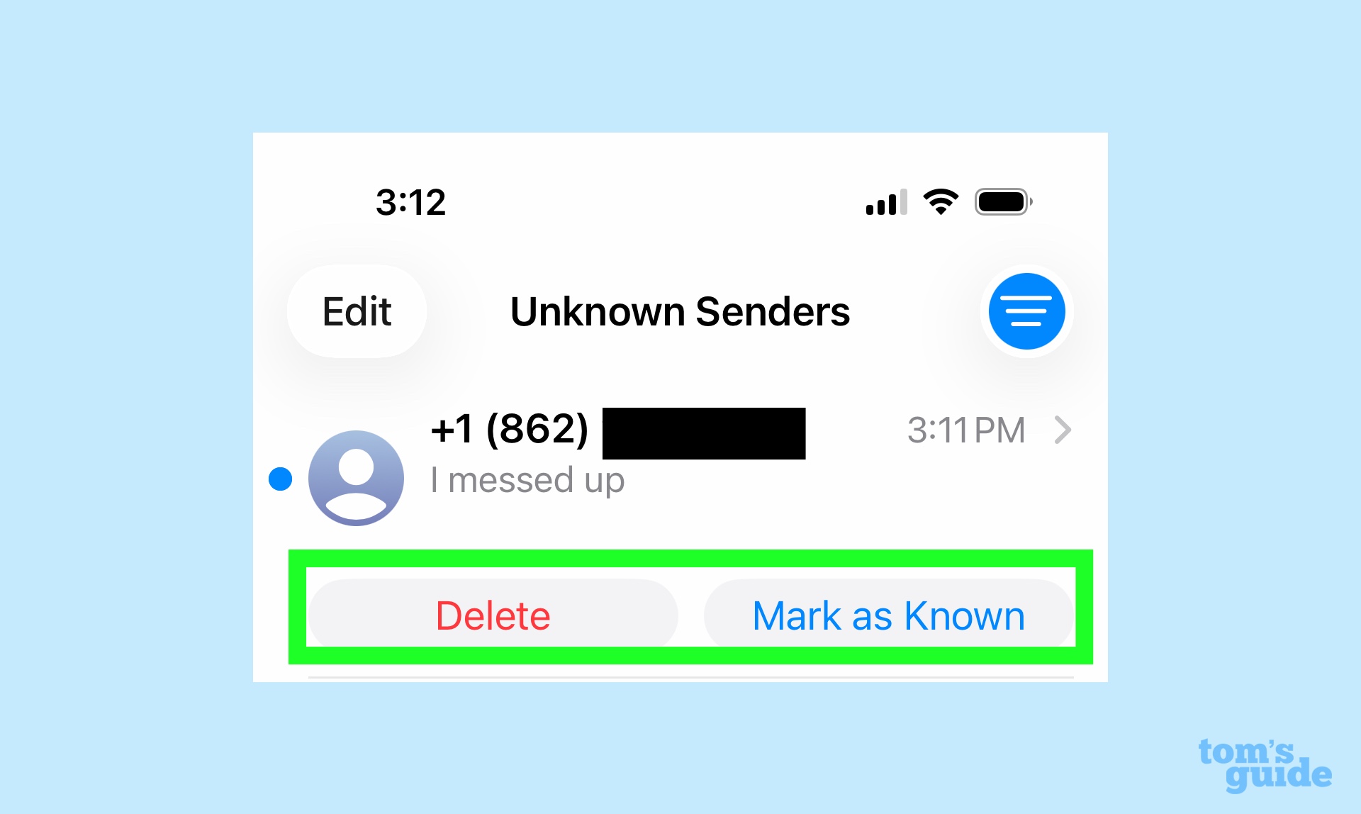 Message filtré avec options de suppression et de marquage comme connu
