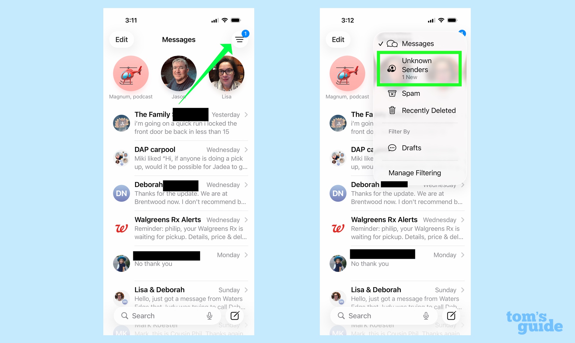 comment voir les messages filtrés provenant d'expéditeurs inconnus en appuyant sur le menu dans les messages