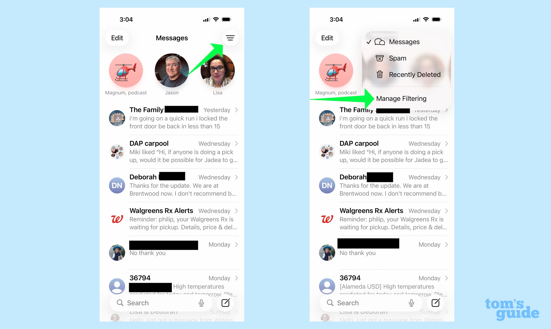accéder aux commandes de filtrage depuis le menu des messages
