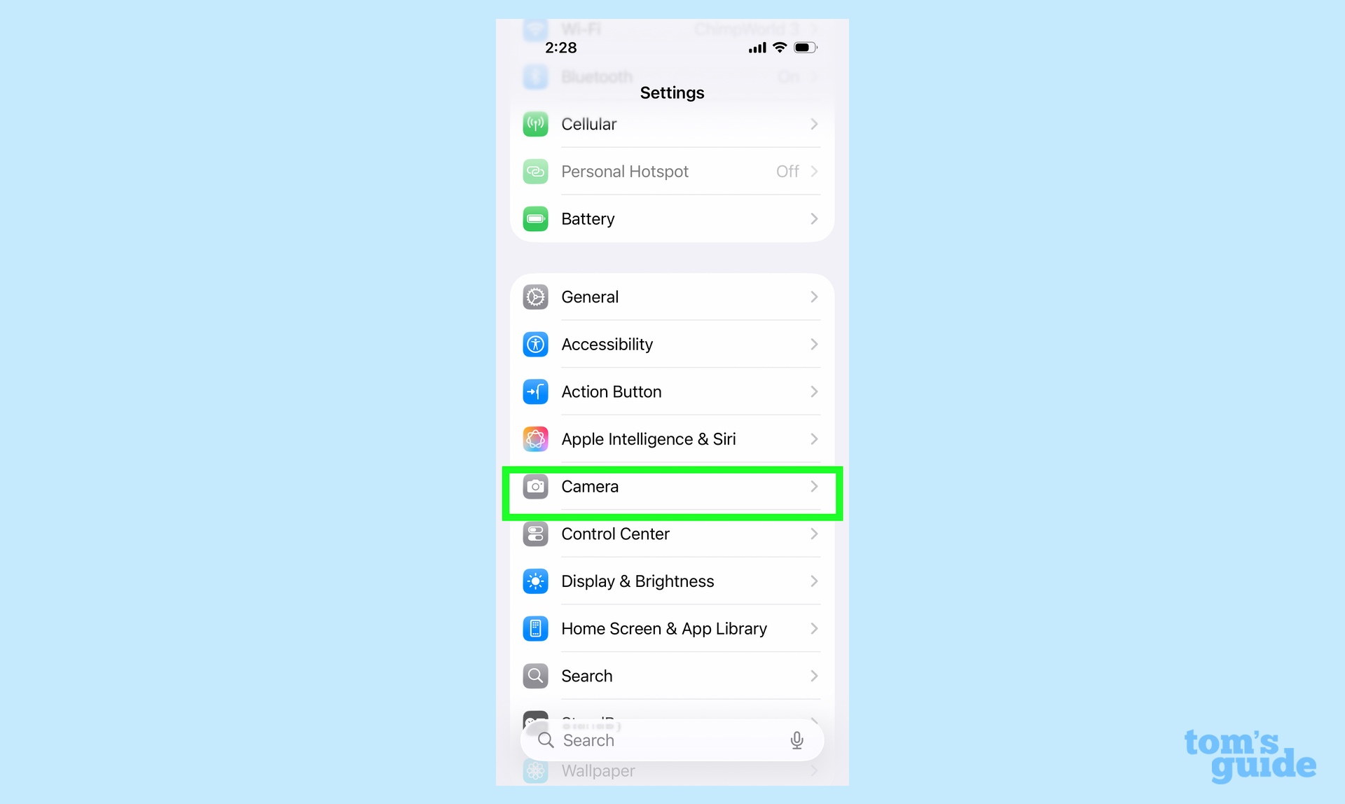 Paramètres de l'appareil photo dans l'application Paramètres