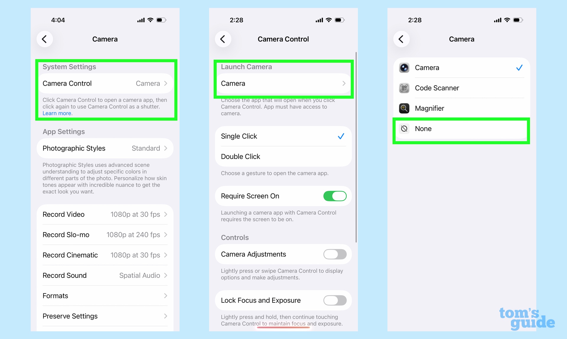 sélectionnez le contrôle de la caméra dans les paramètres de la caméra et désactivez la fonction