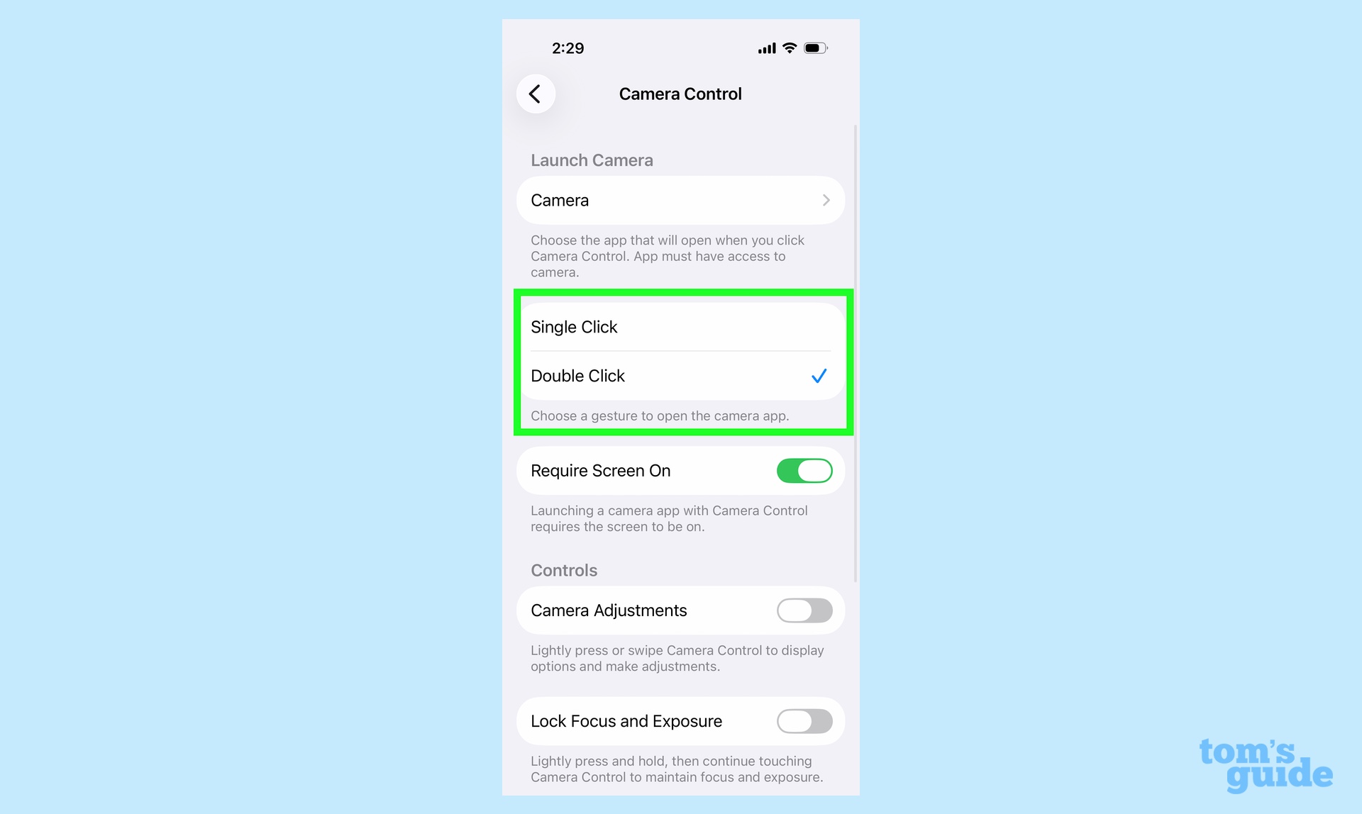 Utilisez le double clic pour lancer le contrôle de la caméra