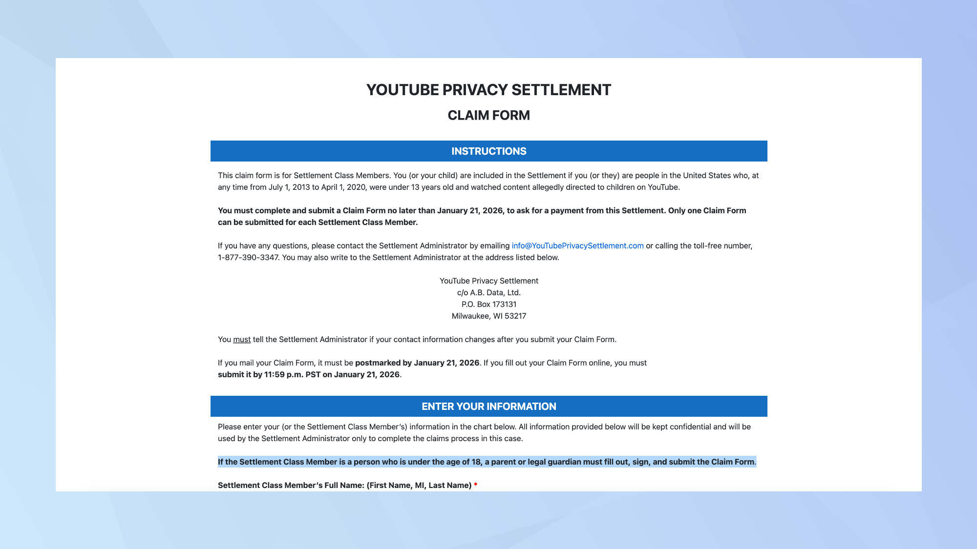 Formulaire de réclamation Youtube