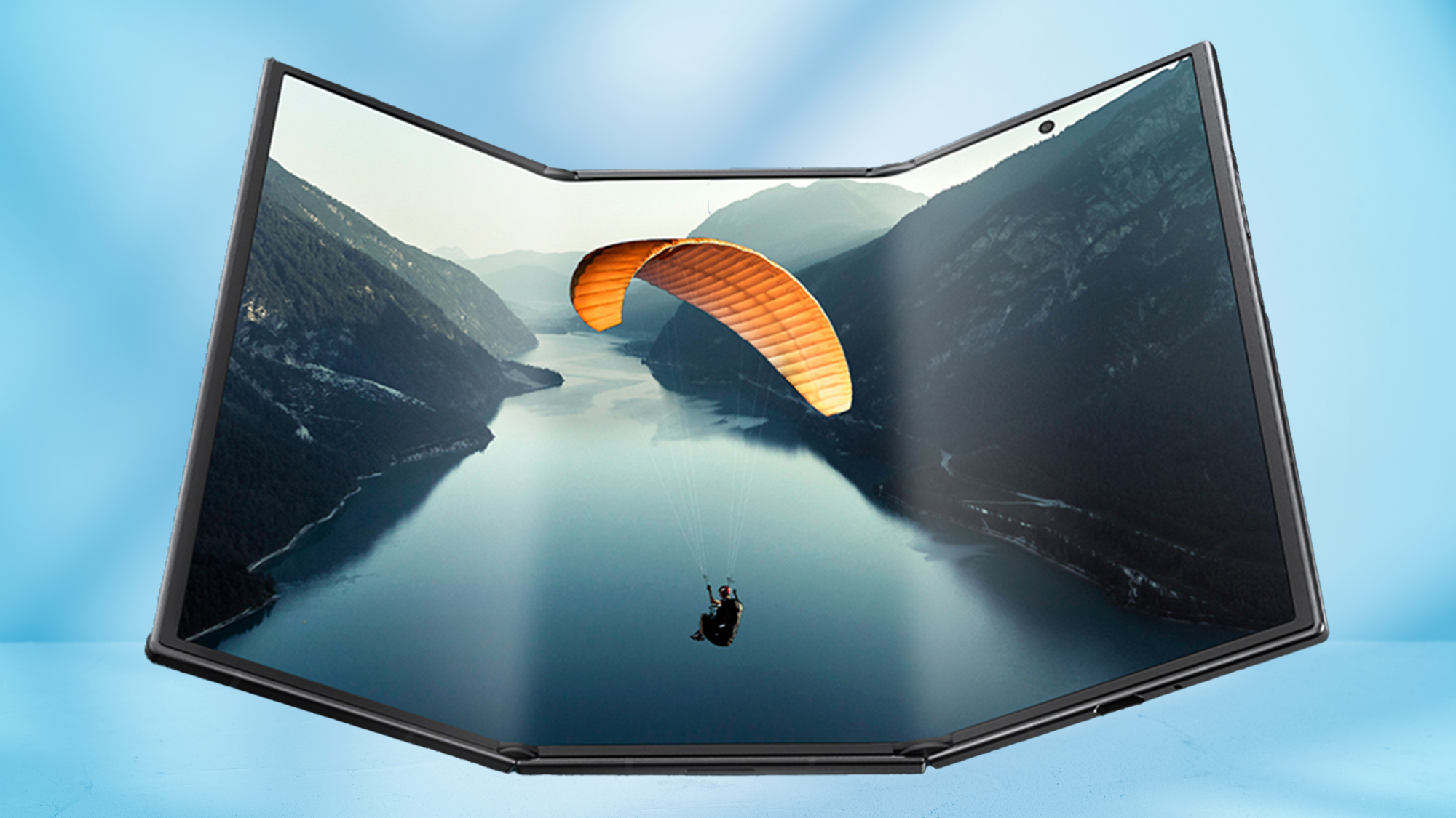 Galaxy Z TriFold sur fond bleu.