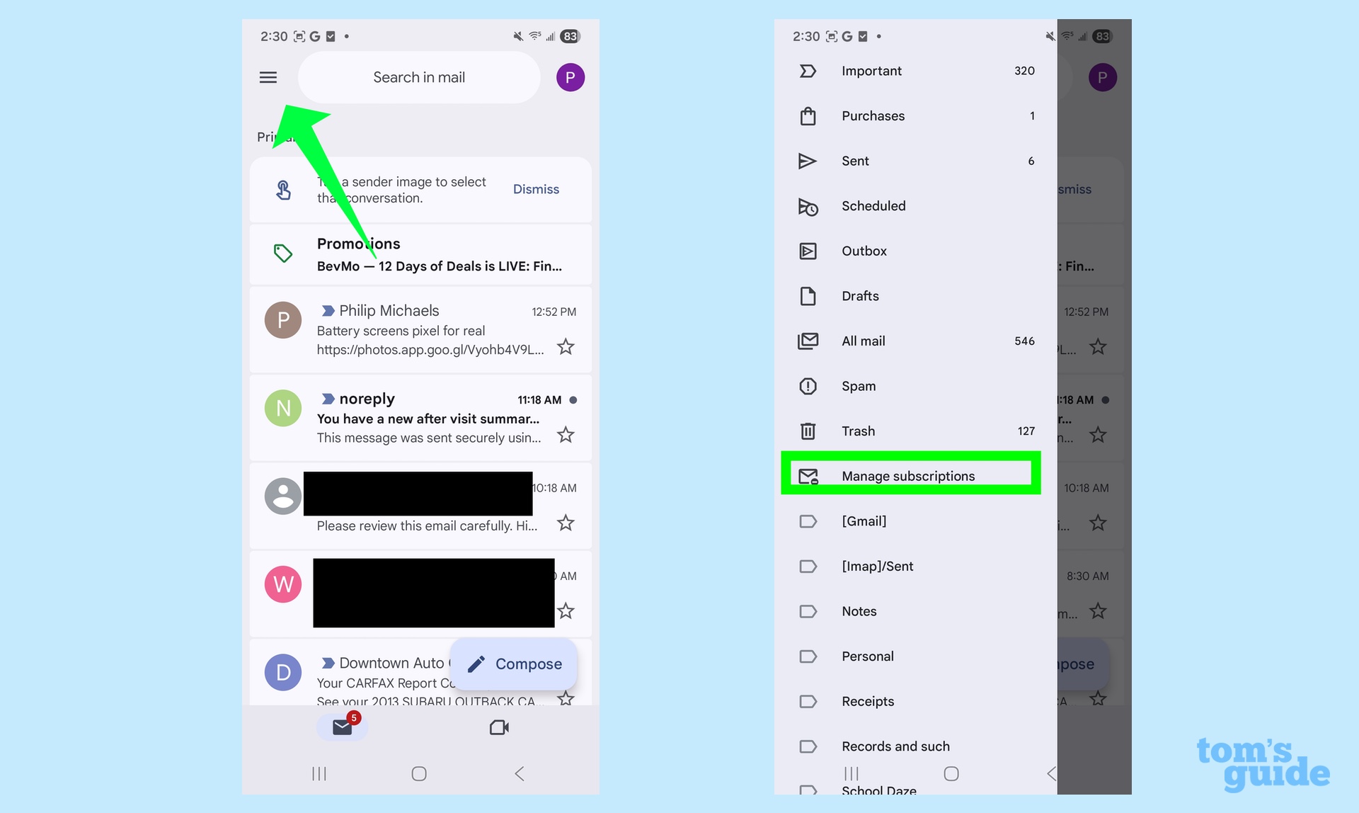 accéder à la gestion des abonnements à partir du menu de l'application mobile Gmail