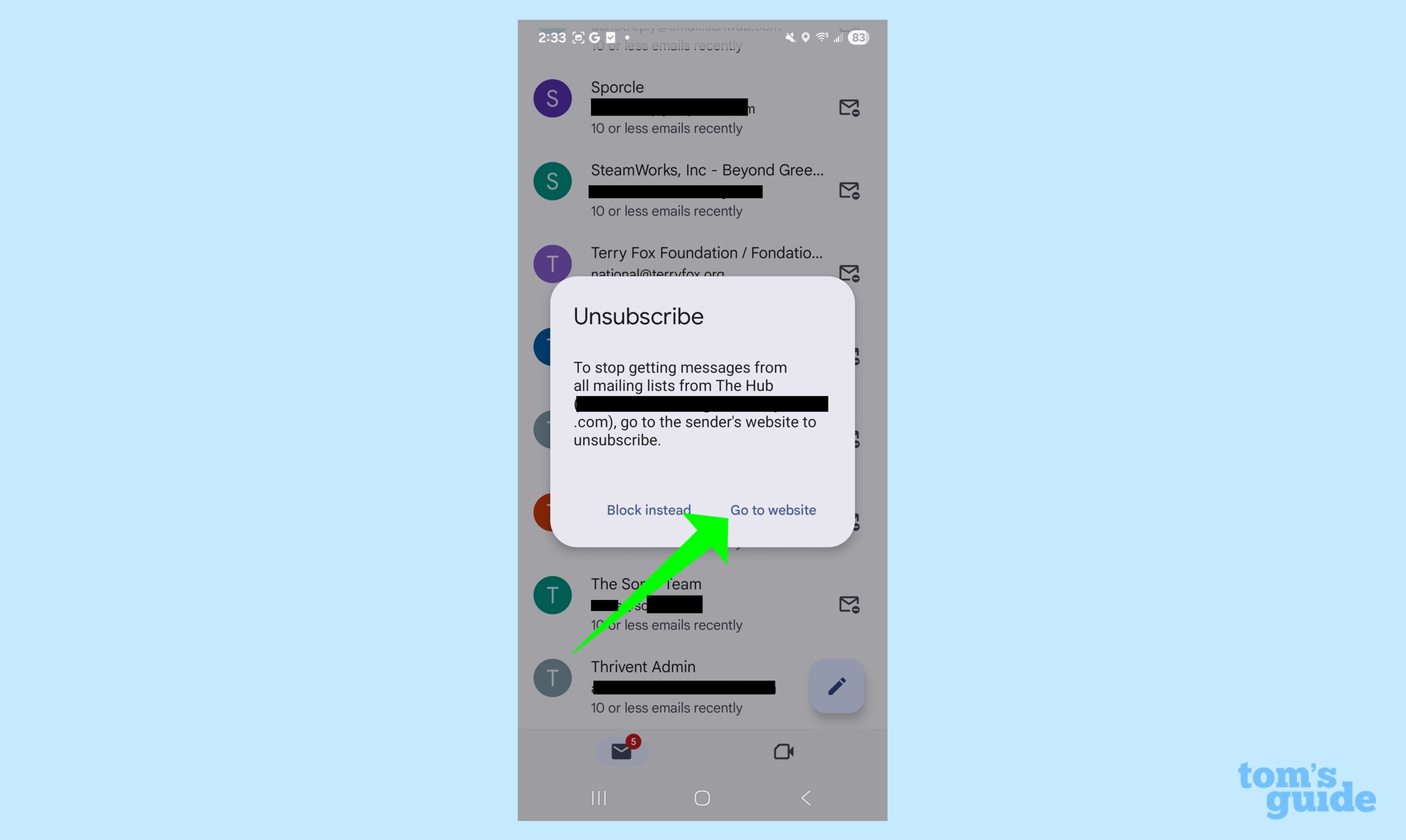 alerte Gmail indiquant que vous devez vous rendre sur un site Web pour vous désinscrire d'une liste de diffusion
