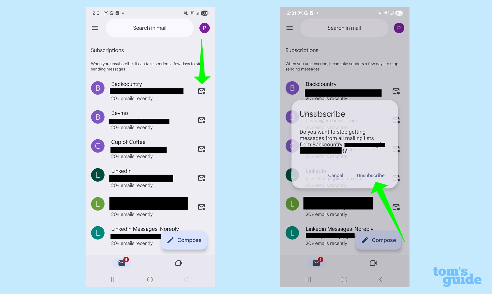 appuyez sur l'icône d'enveloppe pour vous désinscrire d'une liste de diffusion dans Gmail