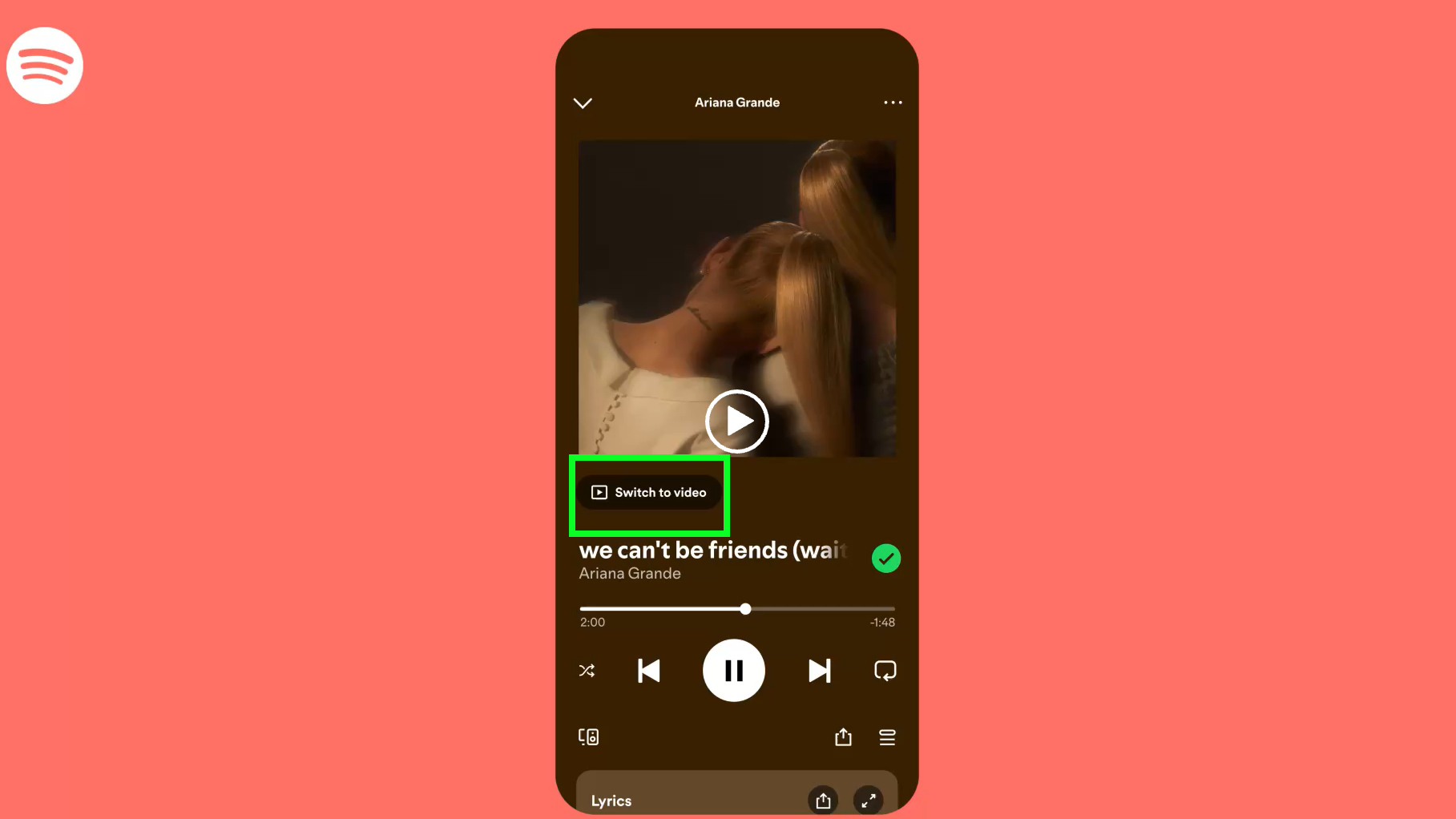 Une capture d'écran montrant la fonctionnalité bêta de vidéo musicale dans Spotify