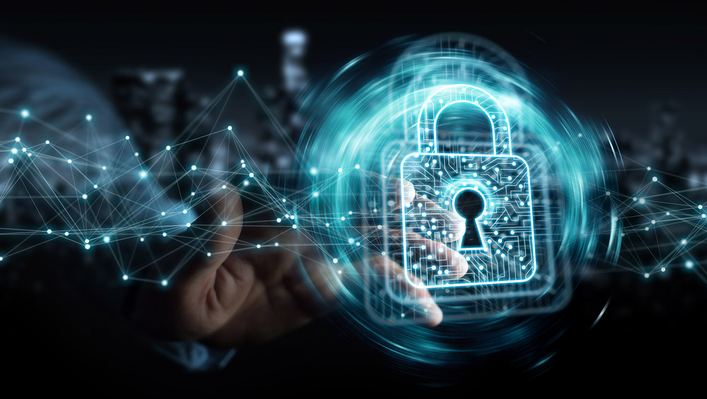 Image créée numériquement d'une serrure numérique fantomatique touchée par une main humaine.