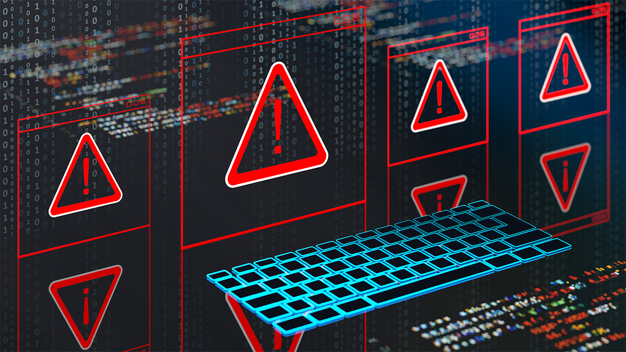 Graphique d'ordinateur montrant un clavier bleu avec plusieurs onglets de triangle d'avertissement rouge