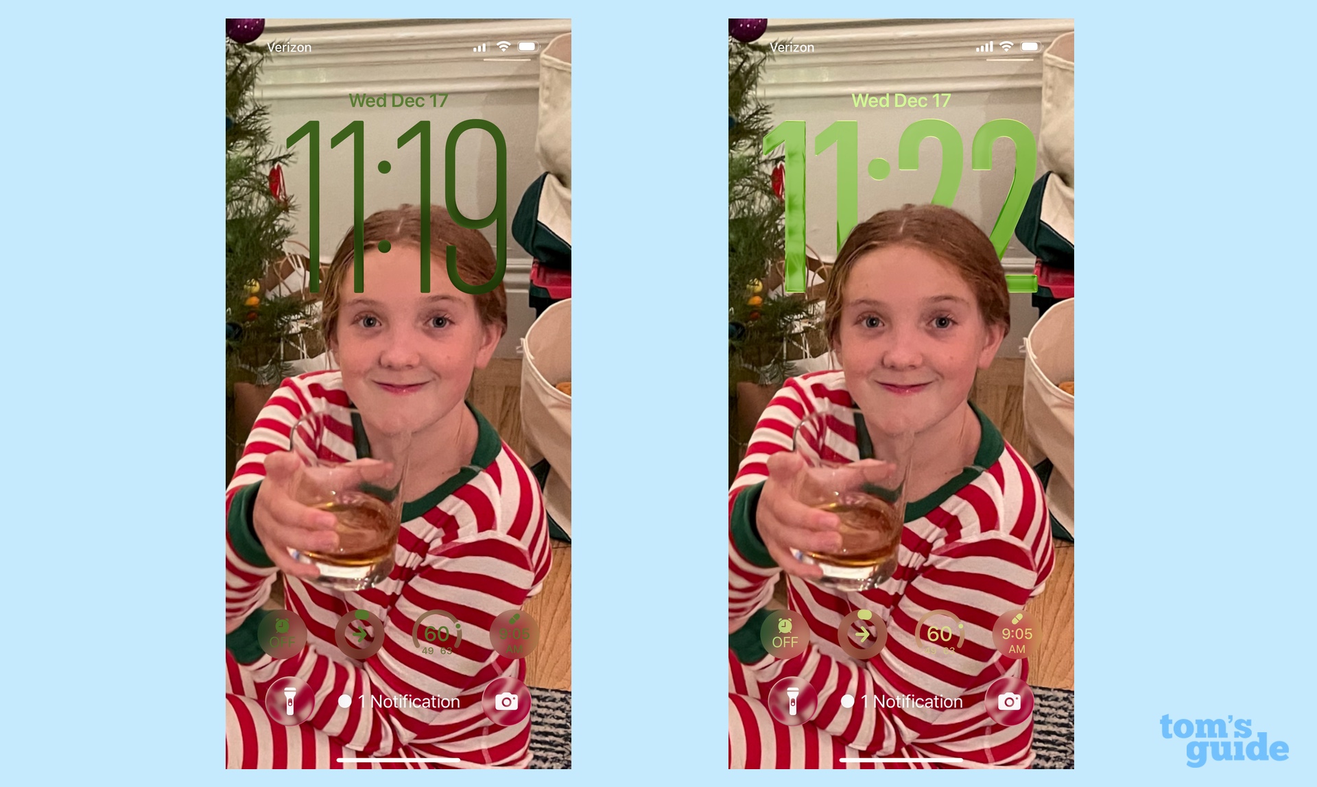 Écrans de verrouillage iOS 26 avant et après l'utilisation du curseur de transparence iOS 26.2 sur l'horloge