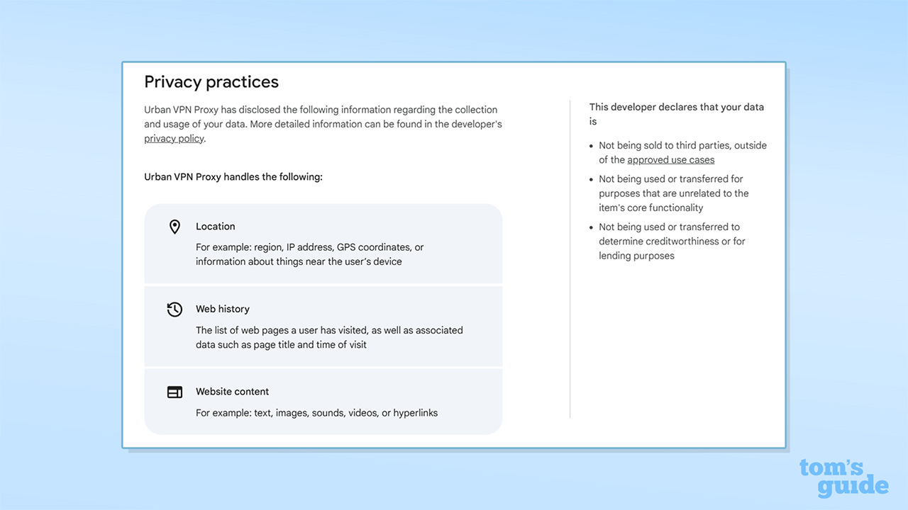 Capture d'écran de la section des pratiques de confidentialité d'Urban VPN Proxy de sa fiche Google Play Store