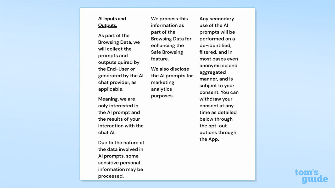 Capture d'écran de la section IA d'Urban VPN Proxy de sa politique de confidentialité