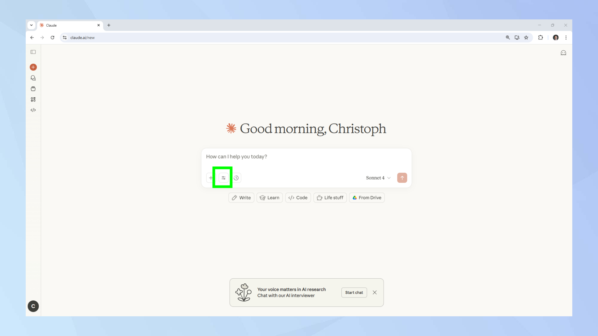 Bouton de recherche Claude