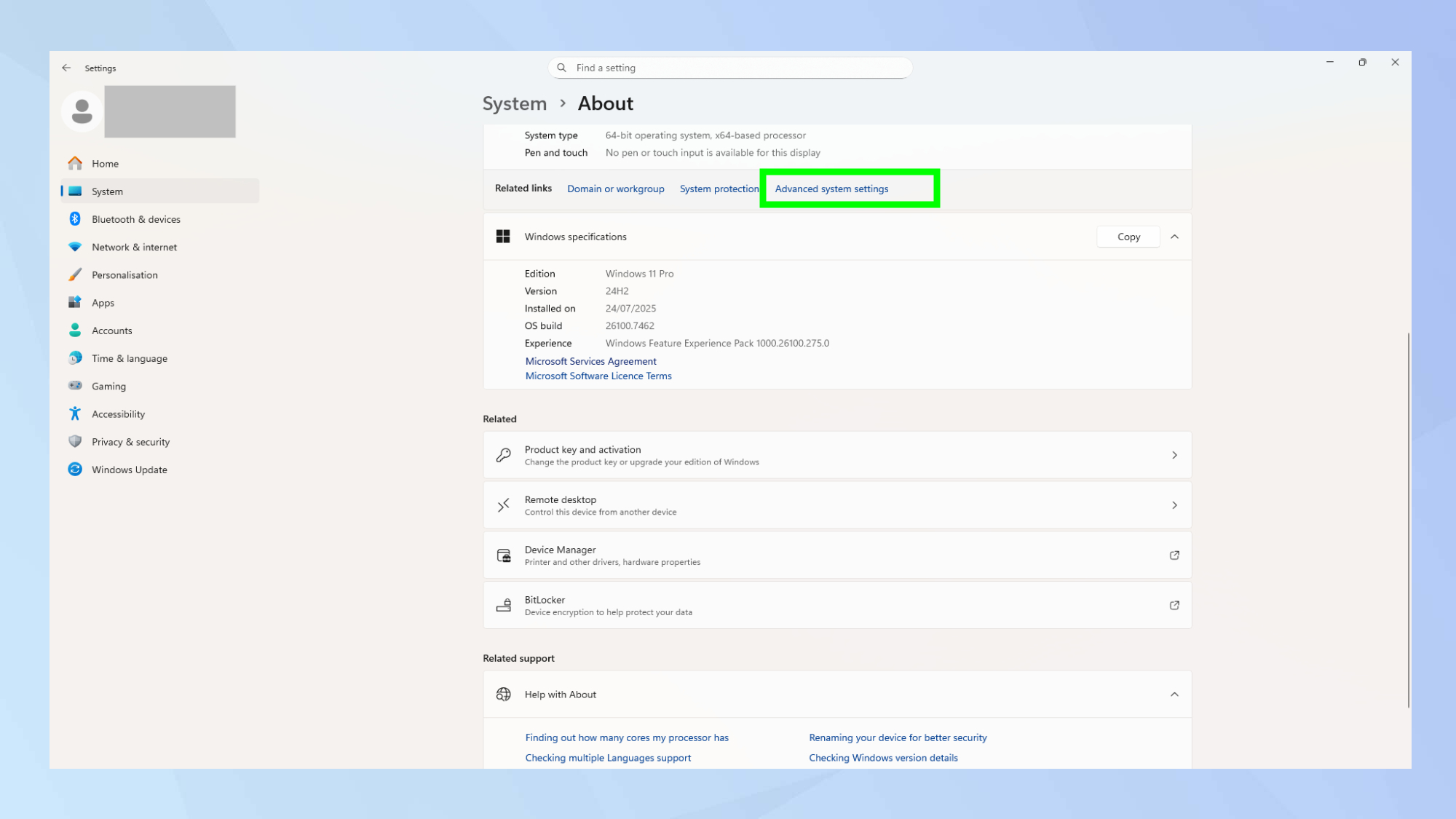 Cliquez sur Paramètres système avancés