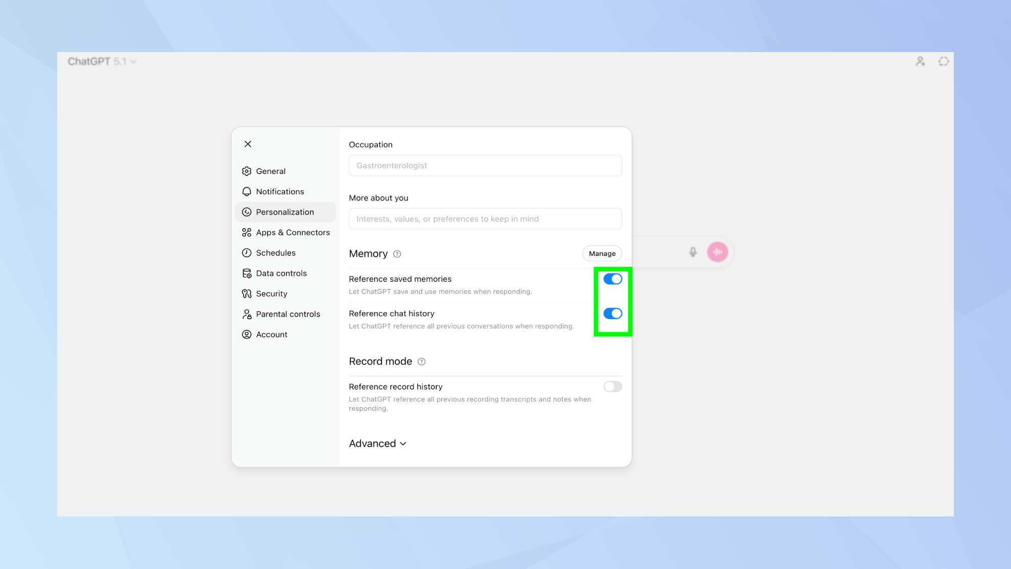 Historique des discussions et mémoire activés dans les paramètres ChatGPT