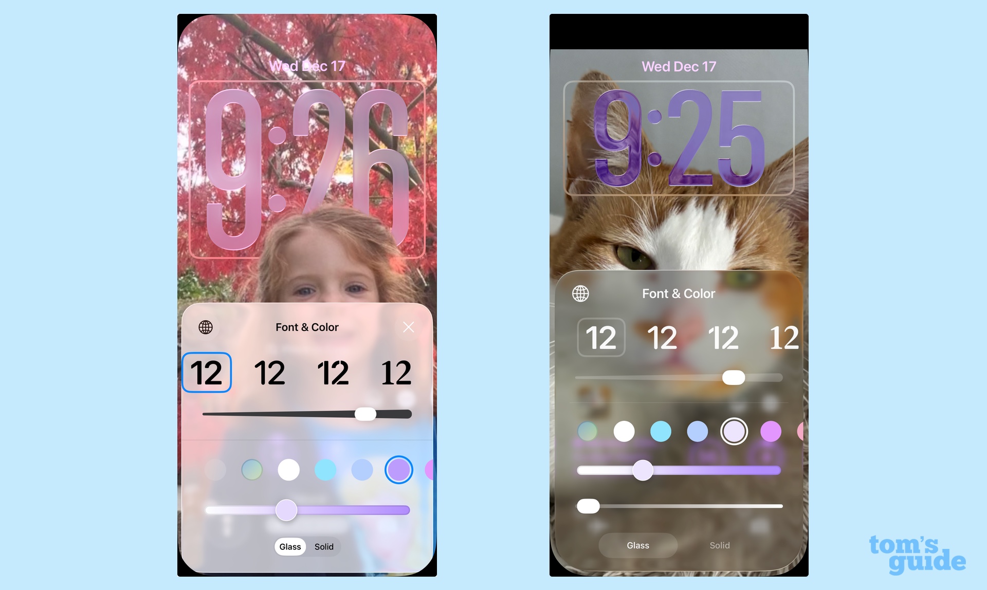 Commandes de personnalisation de l'horloge iOS 26 et iOS 26.2 côte à côte