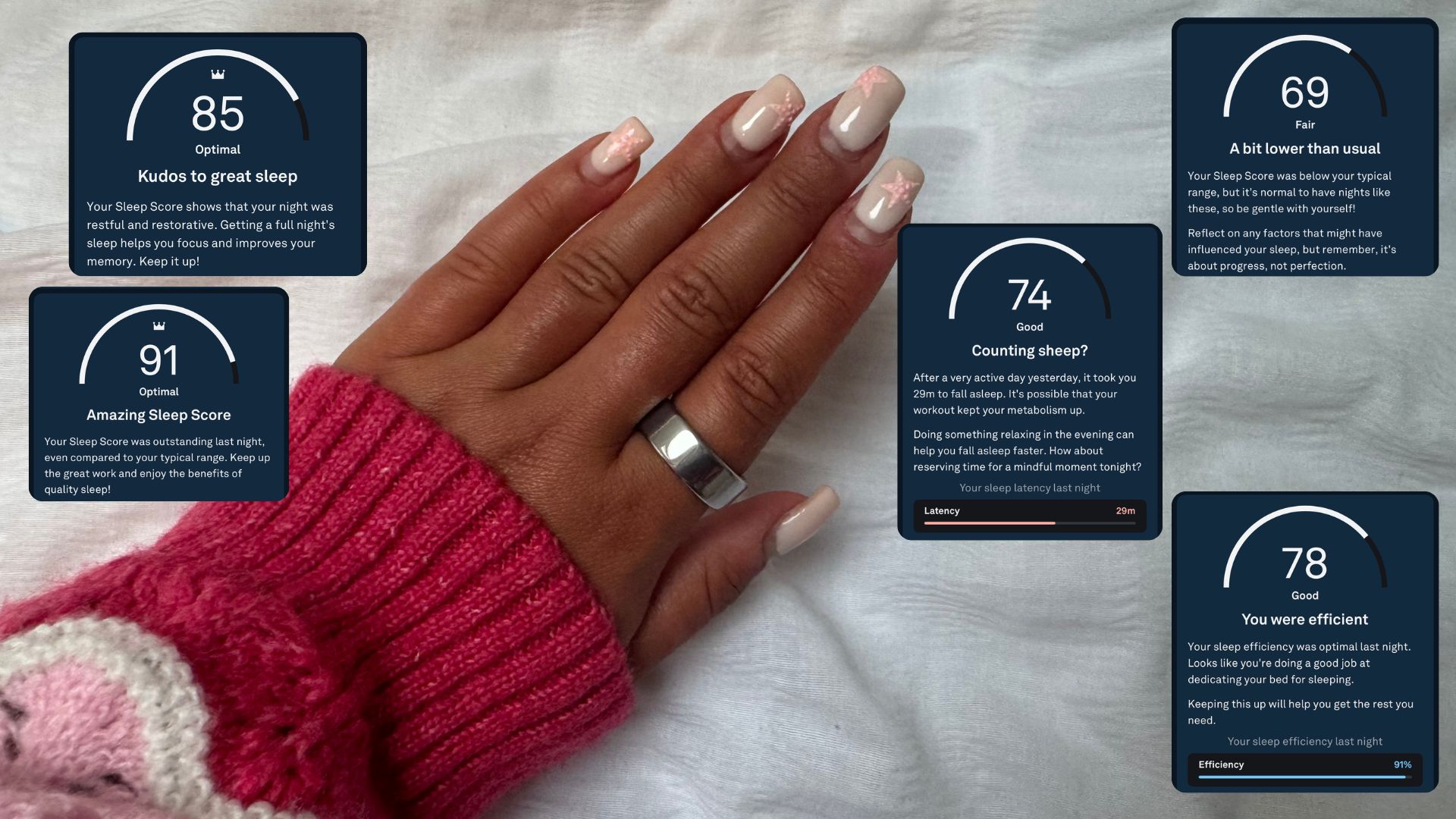 La main d'une femme aux ongles roses portant une bague Oura argentée sur l'index entourée de captures d'écran de l'application Oura d'invites de suivi du sommeil