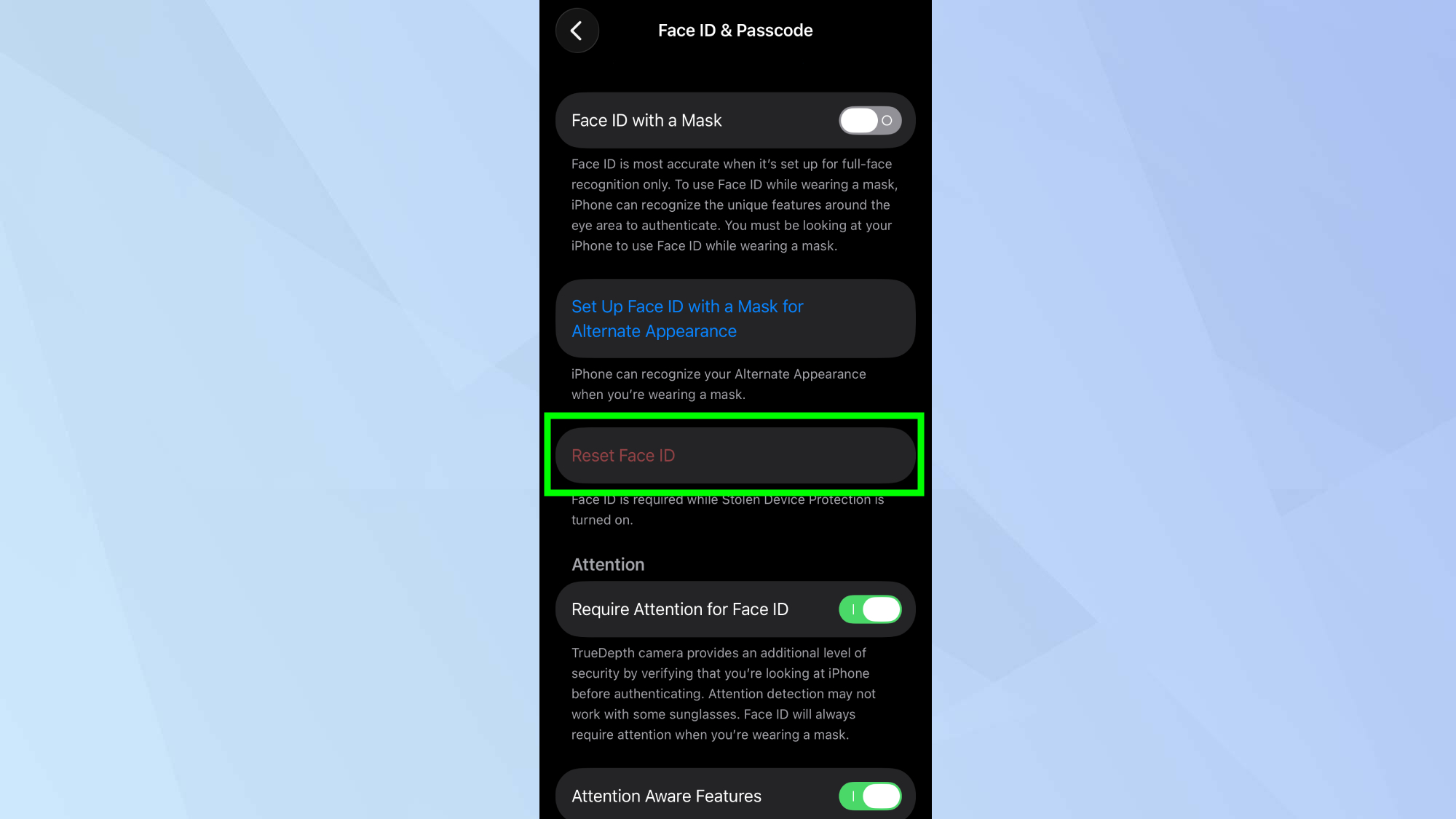Réinitialiser Face ID dans les paramètres de l'iPhone