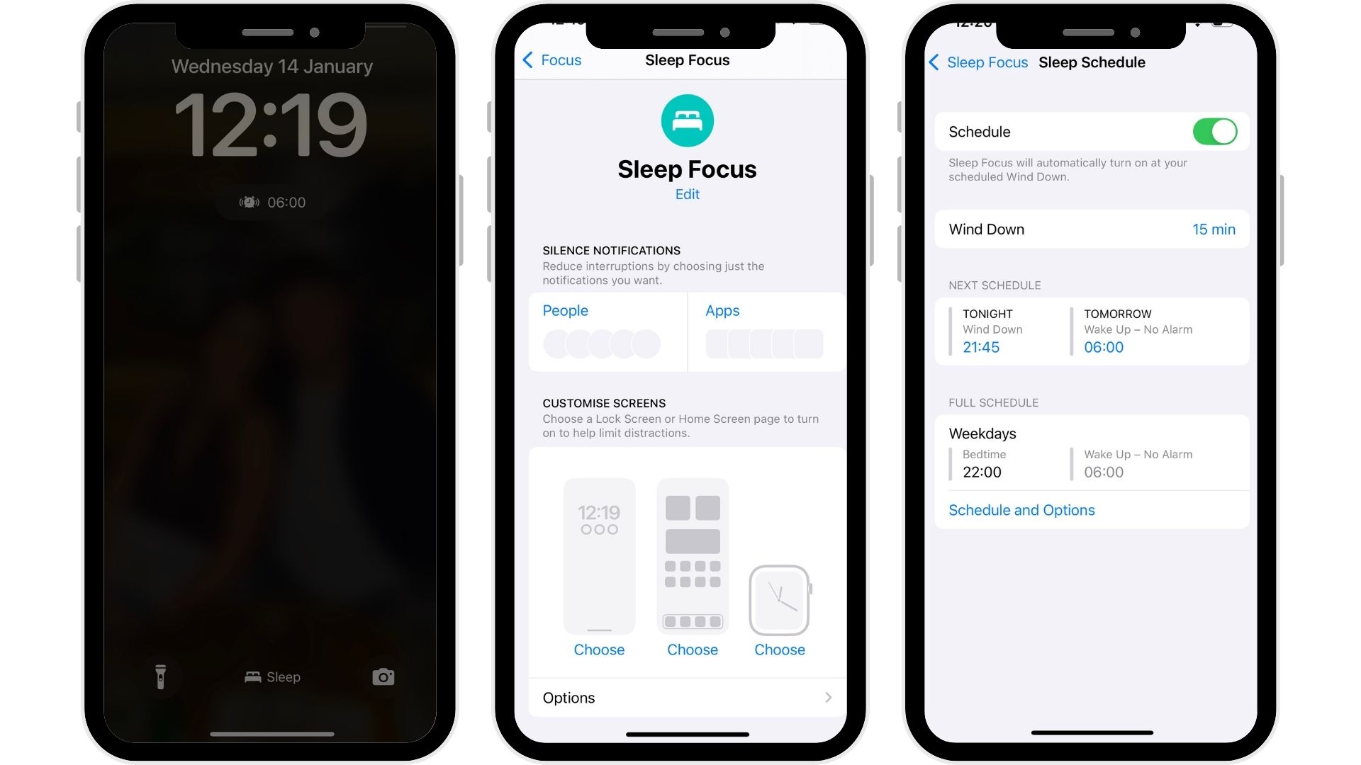 Captures d'écran de l'iPhone montrant les modes Sleep Focus, l'application Apple Health et les paramètres de limitation de l'application