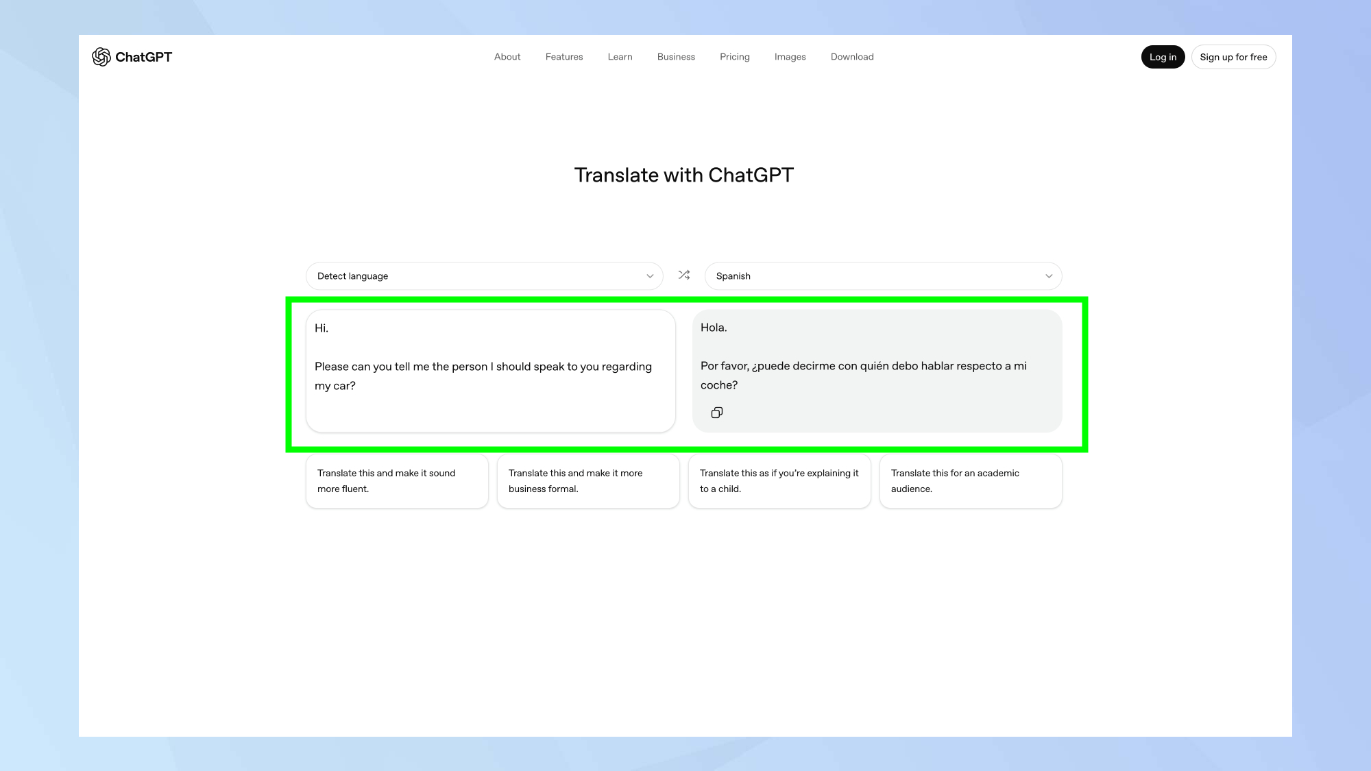 Résultat de traduction ChatGPT