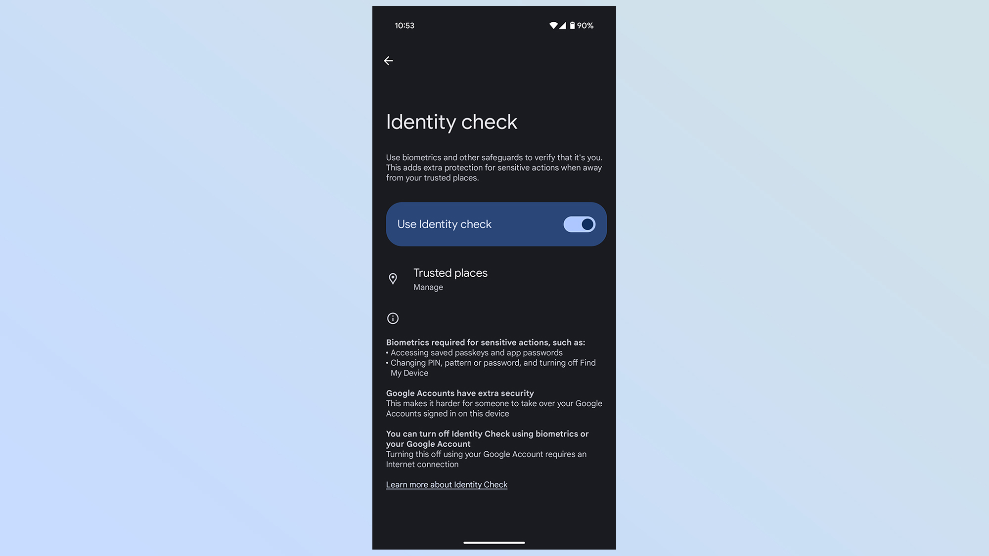 Écran de vérification d'identité Android 15 sur le pixel 9
