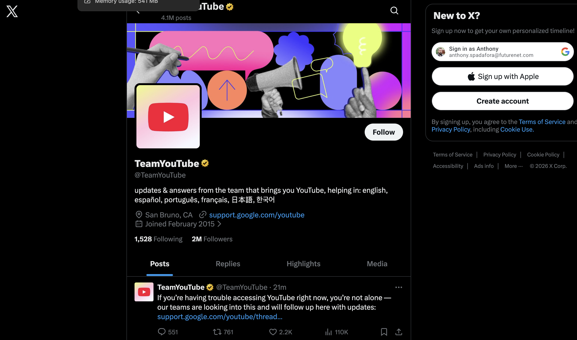 Compte YouTube notant la panne de février 2026