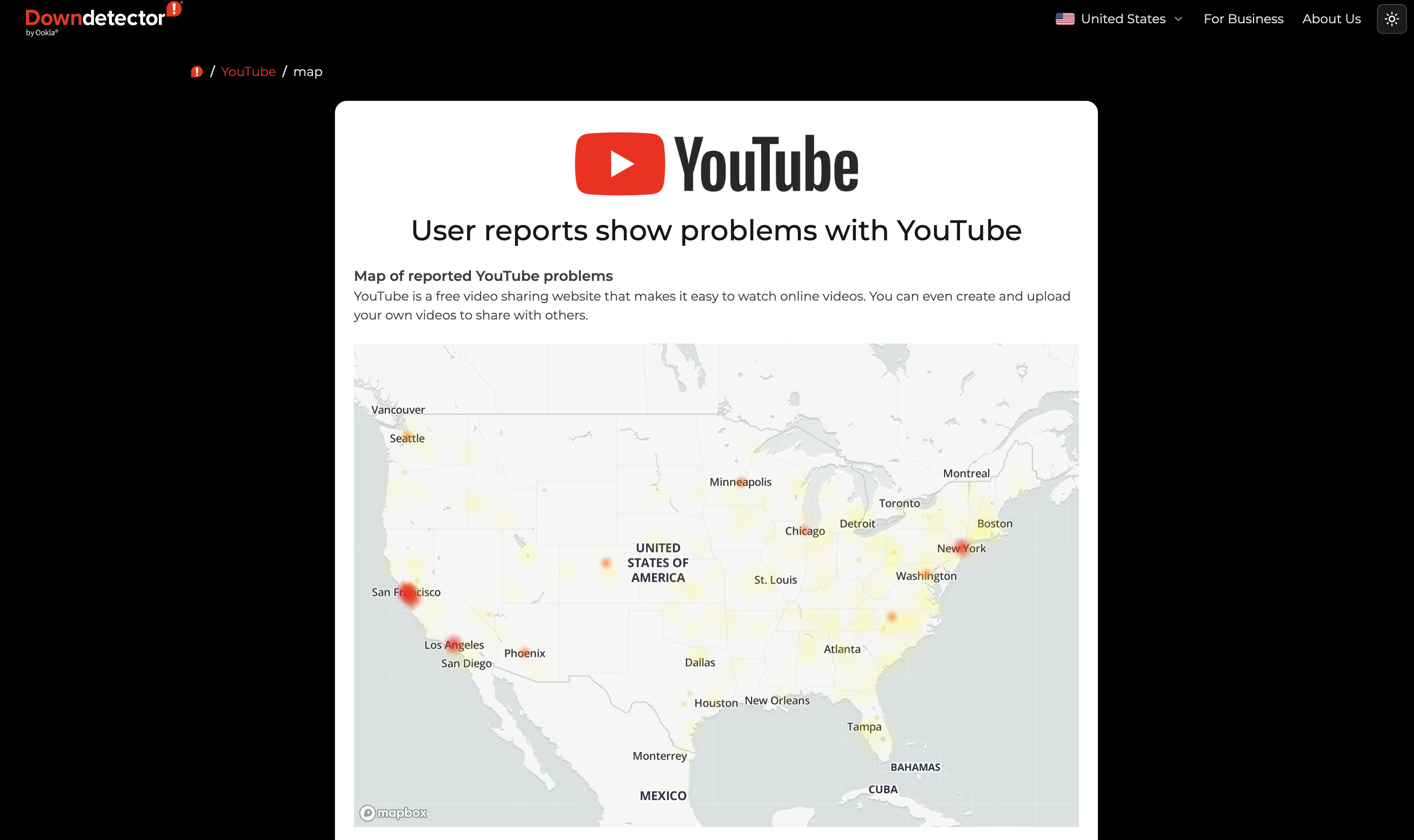 Capture d'écran de Down Detector montrant la panne de YouTube en février 2026 qui a durement frappé la côte ouest des États-Unis.