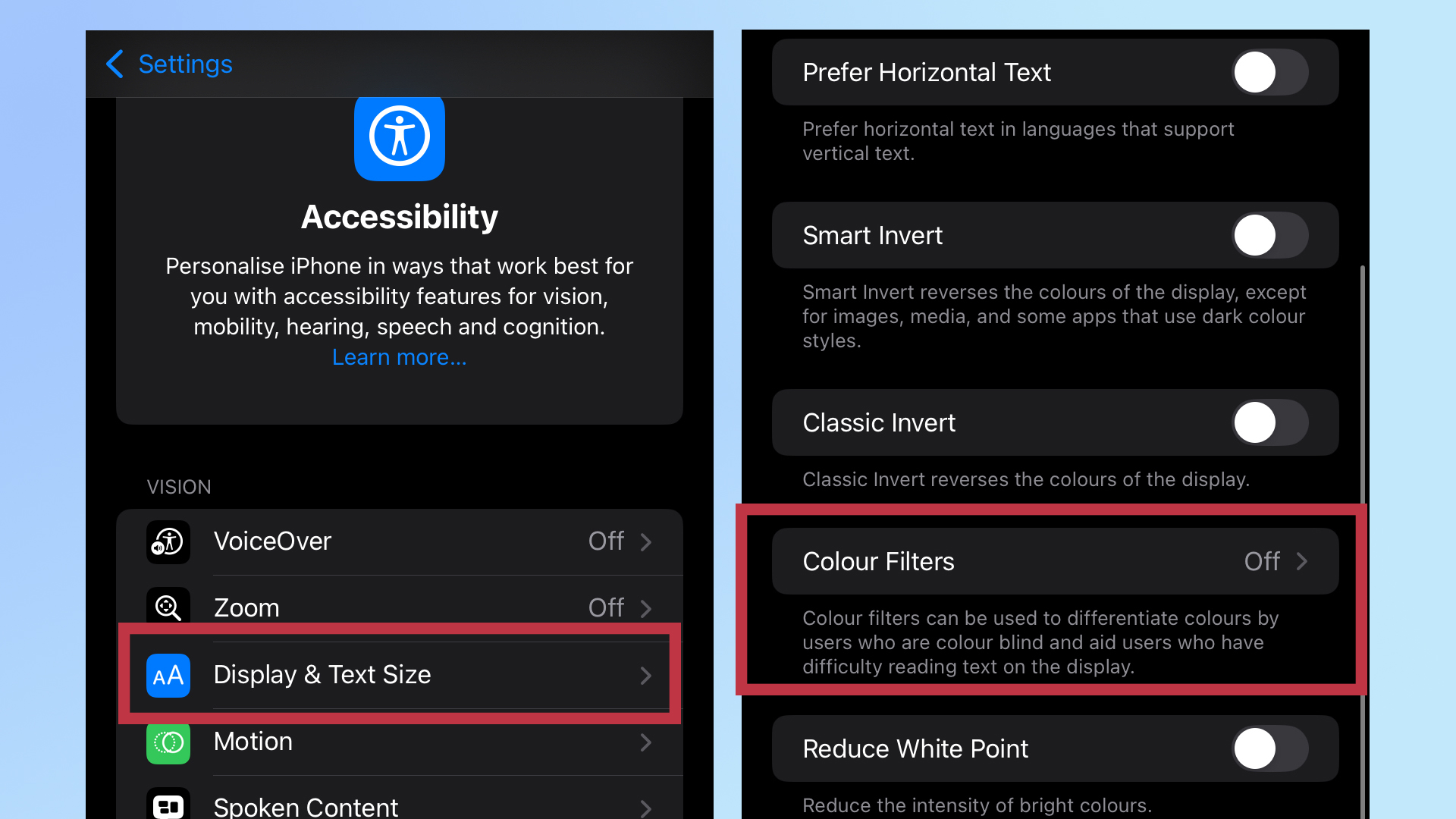 Deux captures d'écran de l'interface d'un iPhone. A gauche, le menu Accessibilité avec un rectangle rouge autour de l'onglet Affichage et amp;amp; Taille du texte. Sur la droite, l'écran Display & menu de taille du texte avec un rectangle rouge autour de l'option Filtres de couleur