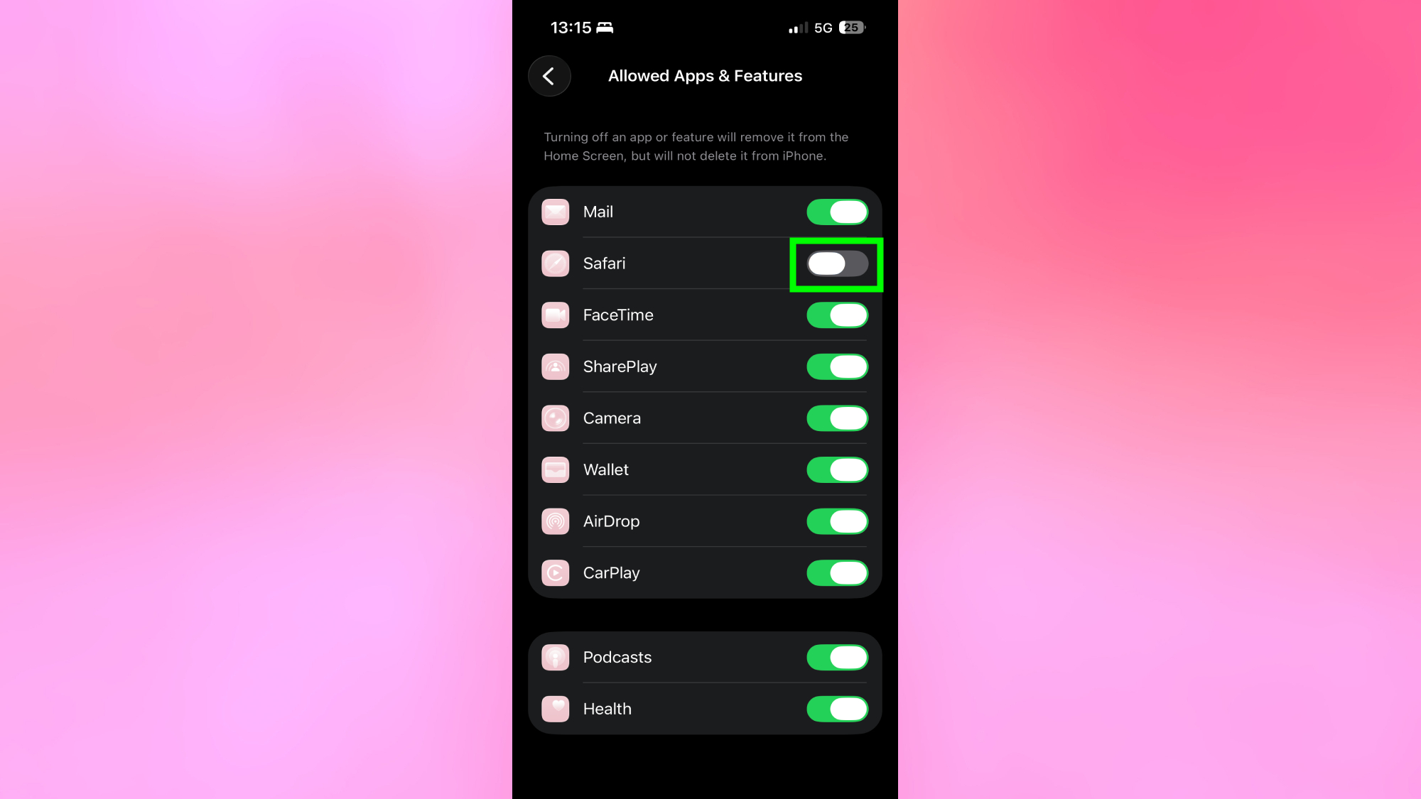 Safari désactivé dans les paramètres de l'iPhone