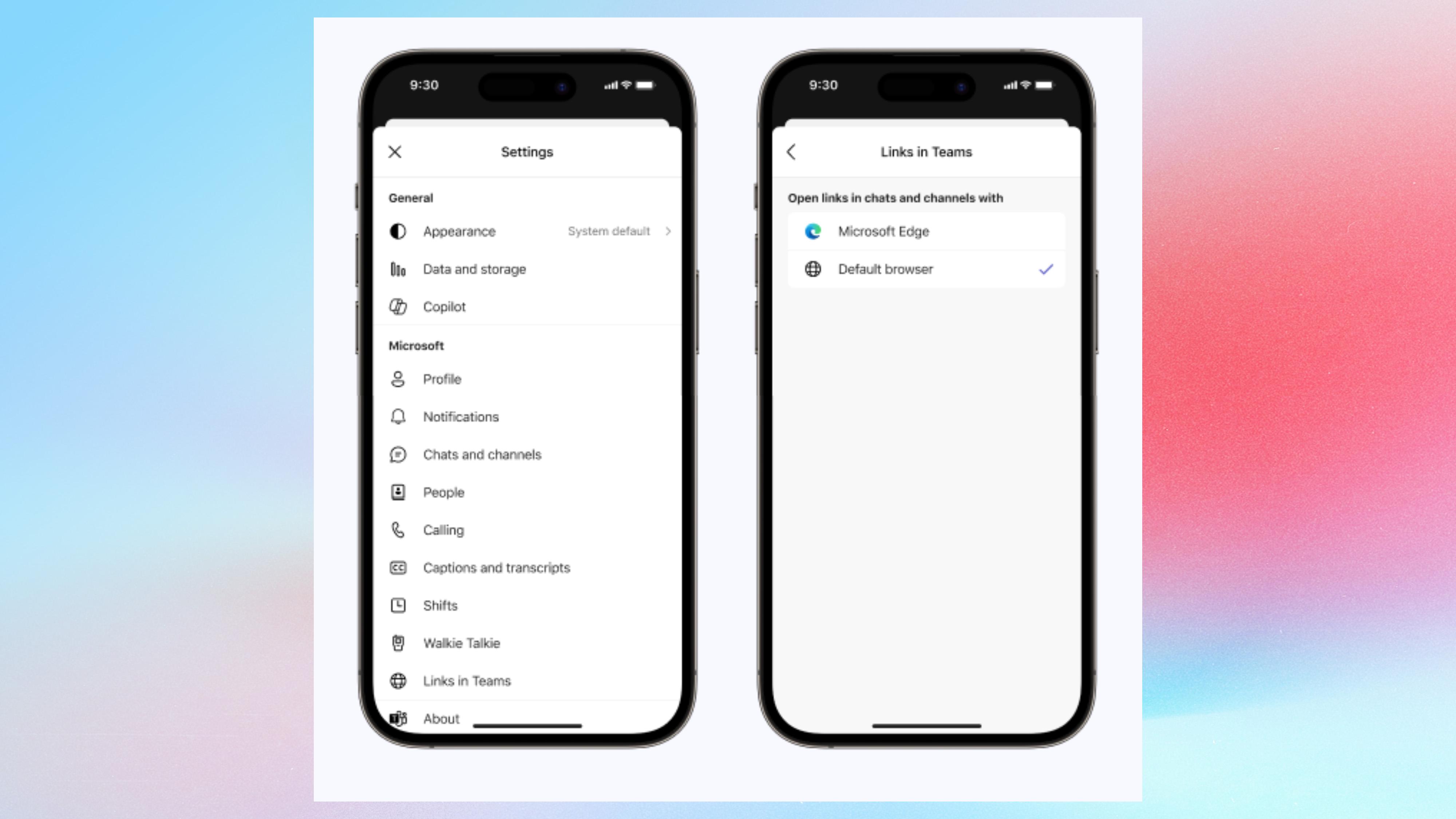 Capture d'écran des paramètres de Microsoft Links dans Teams