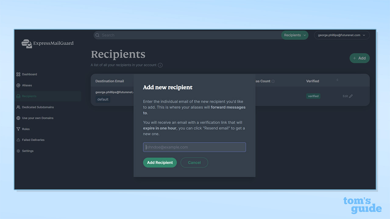 Capture d'écran du destinataire ExpressMailGuard