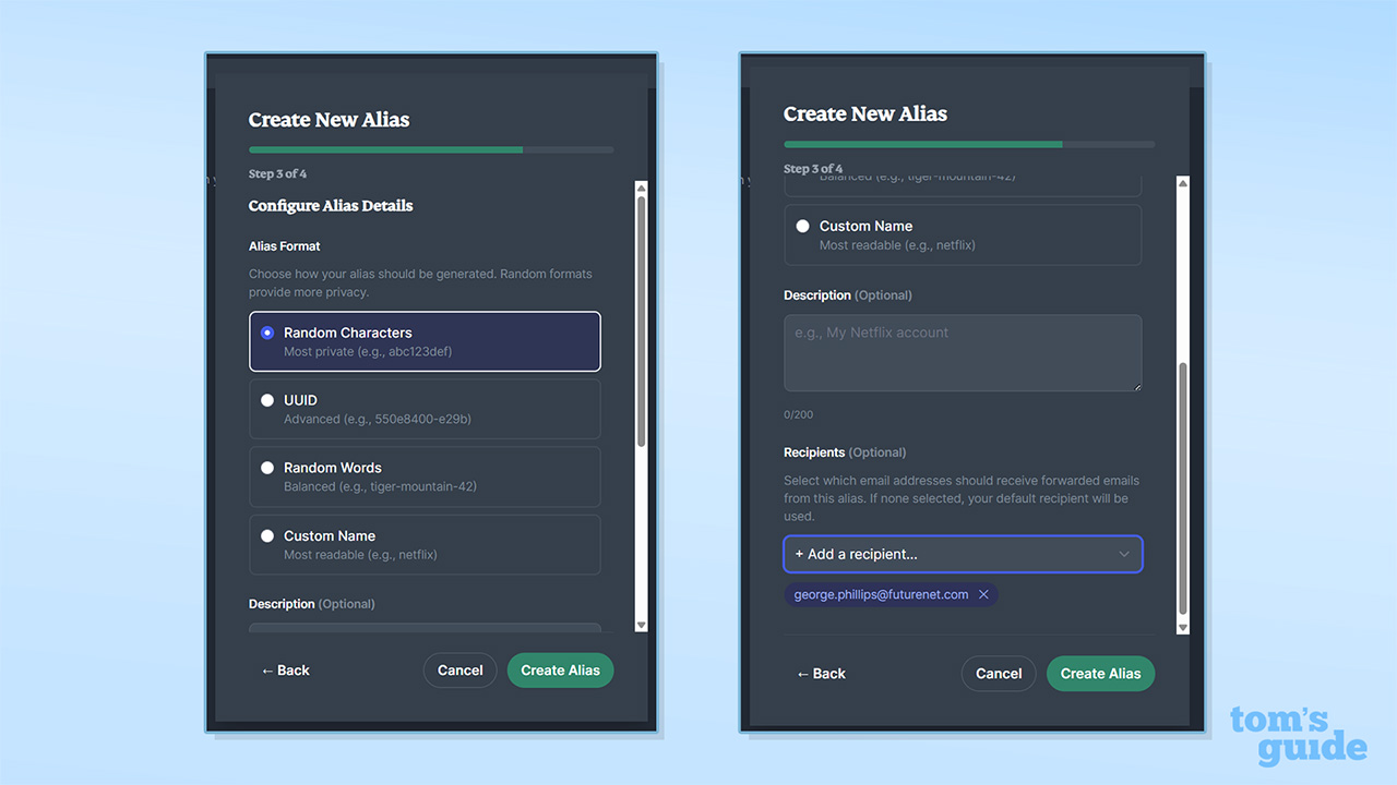 Capture d'écran de création d'alias ExpressMailGuard