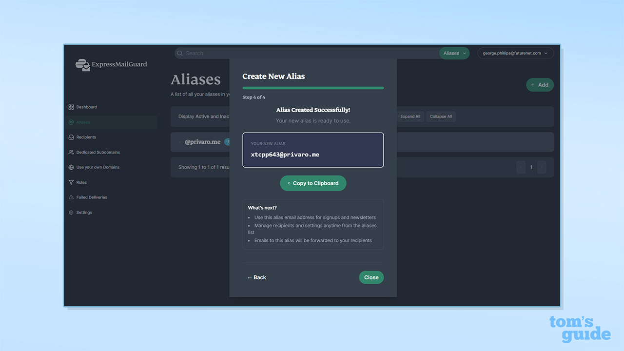 Capture d'écran de l'alias créé par ExpressMailGuard