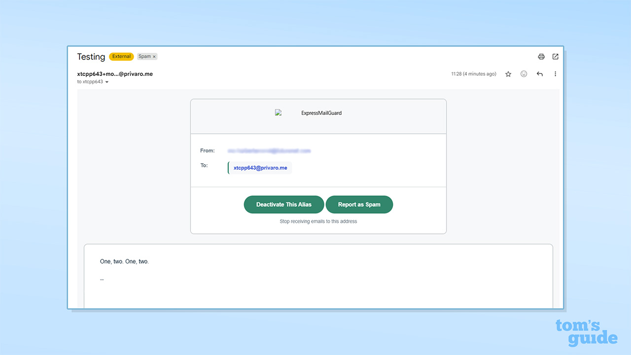 Capture d'écran d'ExpressMailGuard en action