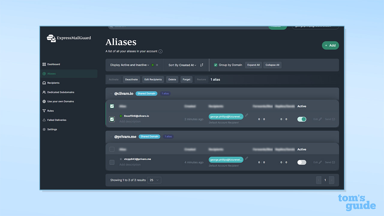 Capture d'écran de plusieurs alias ExpressMailGuard