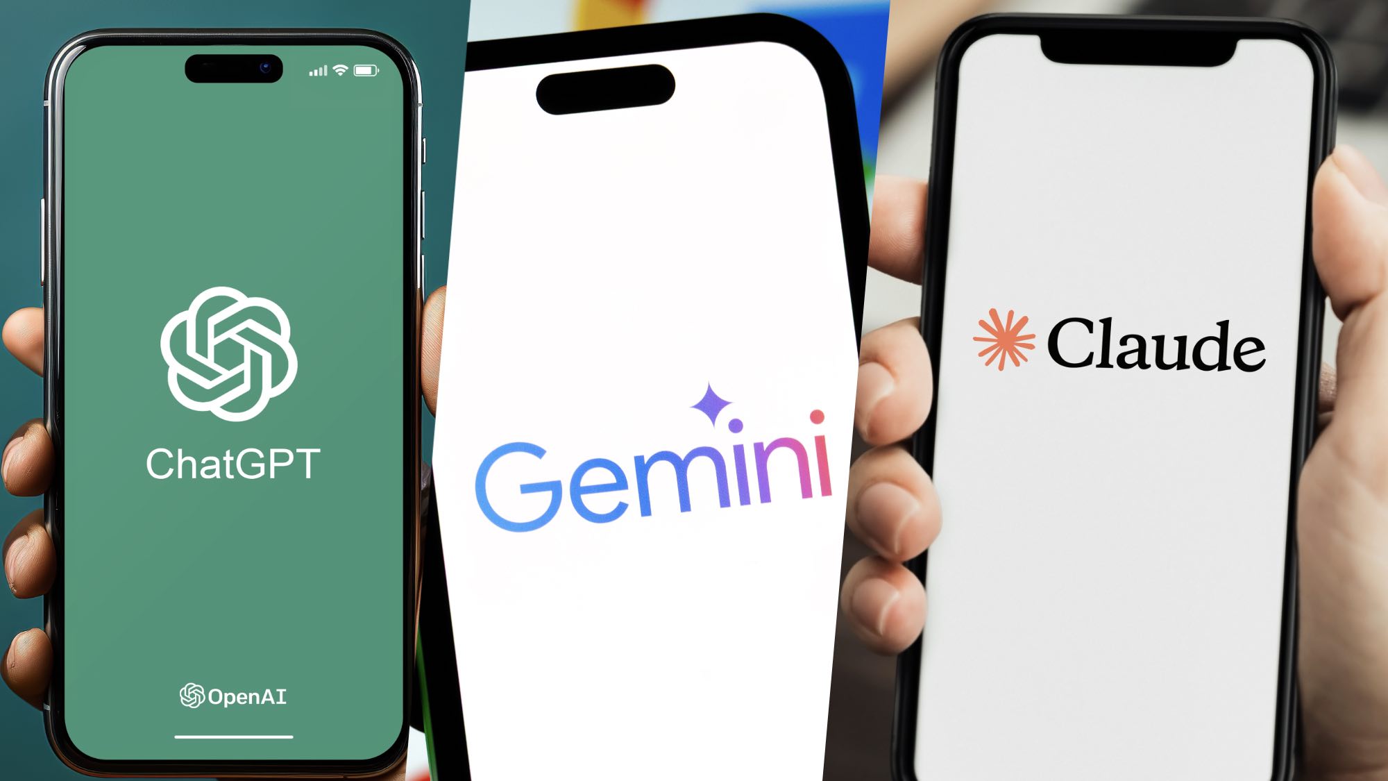 Logos ChatGPT, Gemini et Claude sur les téléphones